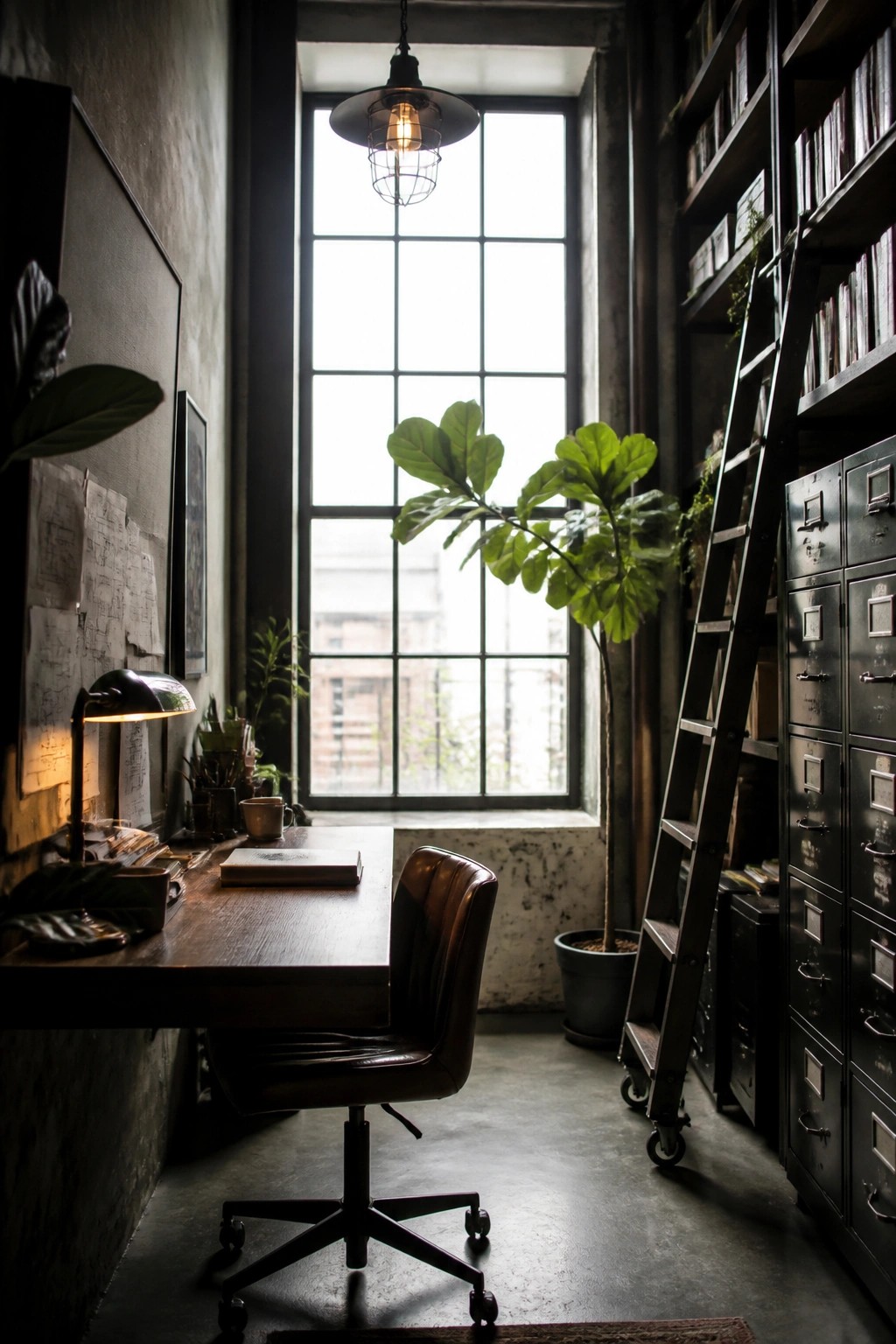 An industrial-style home office with a wooden desk, brown leather office chair, large grid window, potted plant, and tall dark bookshelves accessed by a rolling wooden ladder.