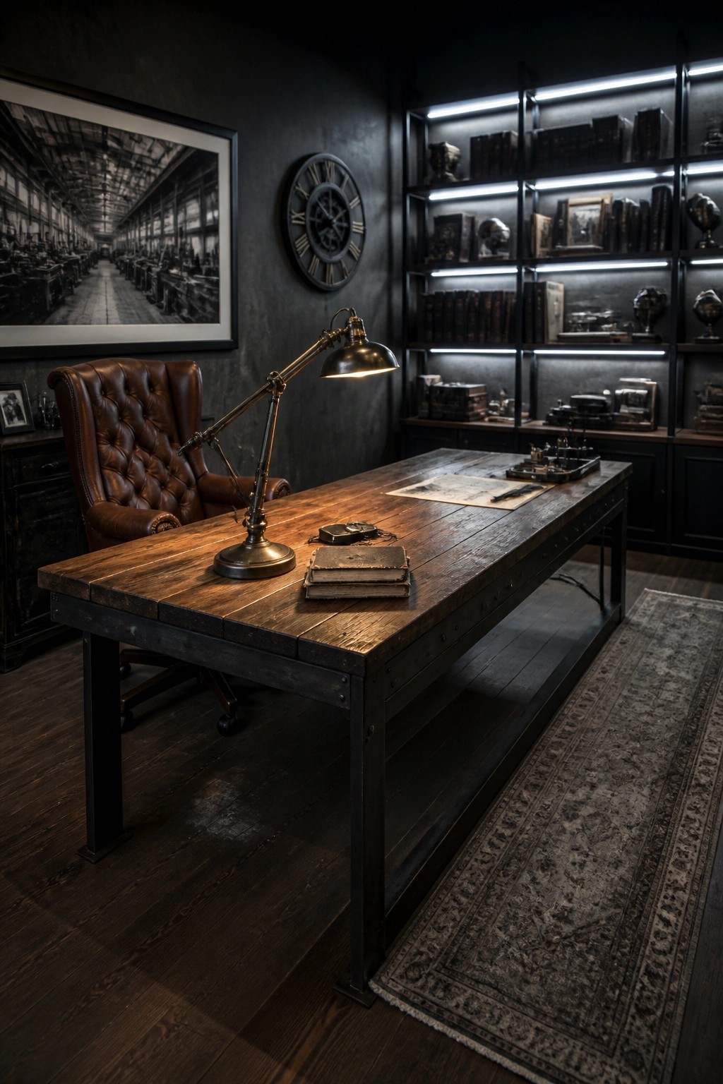 A home office with a large wooden desk, metal task lamp, brown leather chair, dark walls, and illuminated bookshelves holding books and objects.