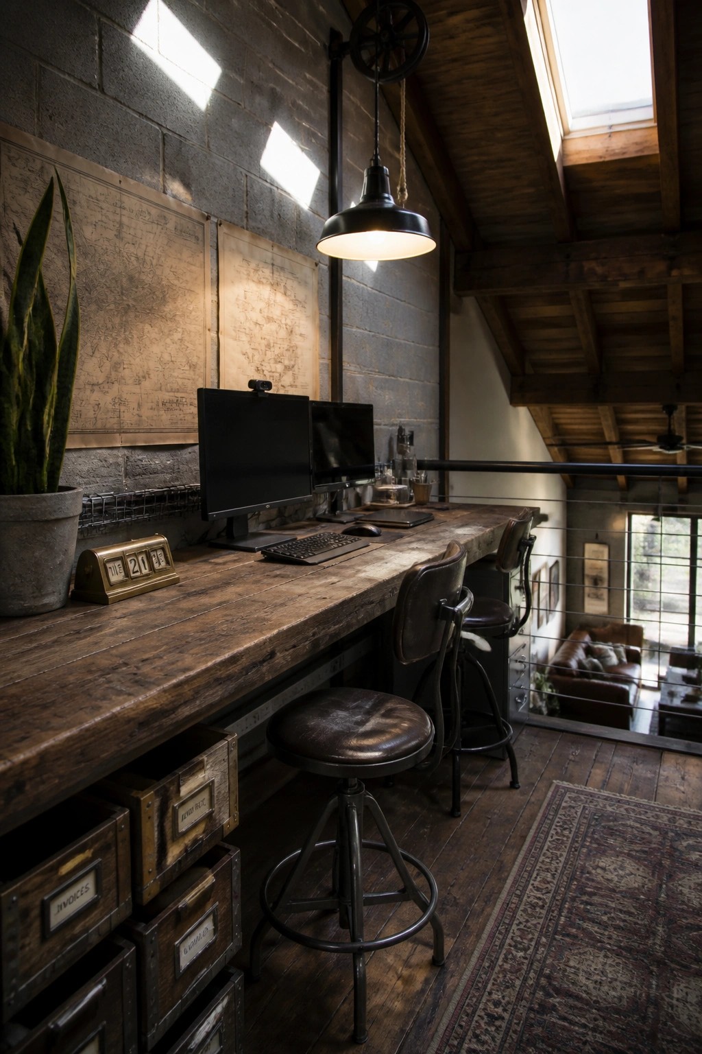 A long reclaimed wood desk with two monitors, industrial stools, and storage crates in a brick-walled home office with a black pendant light.