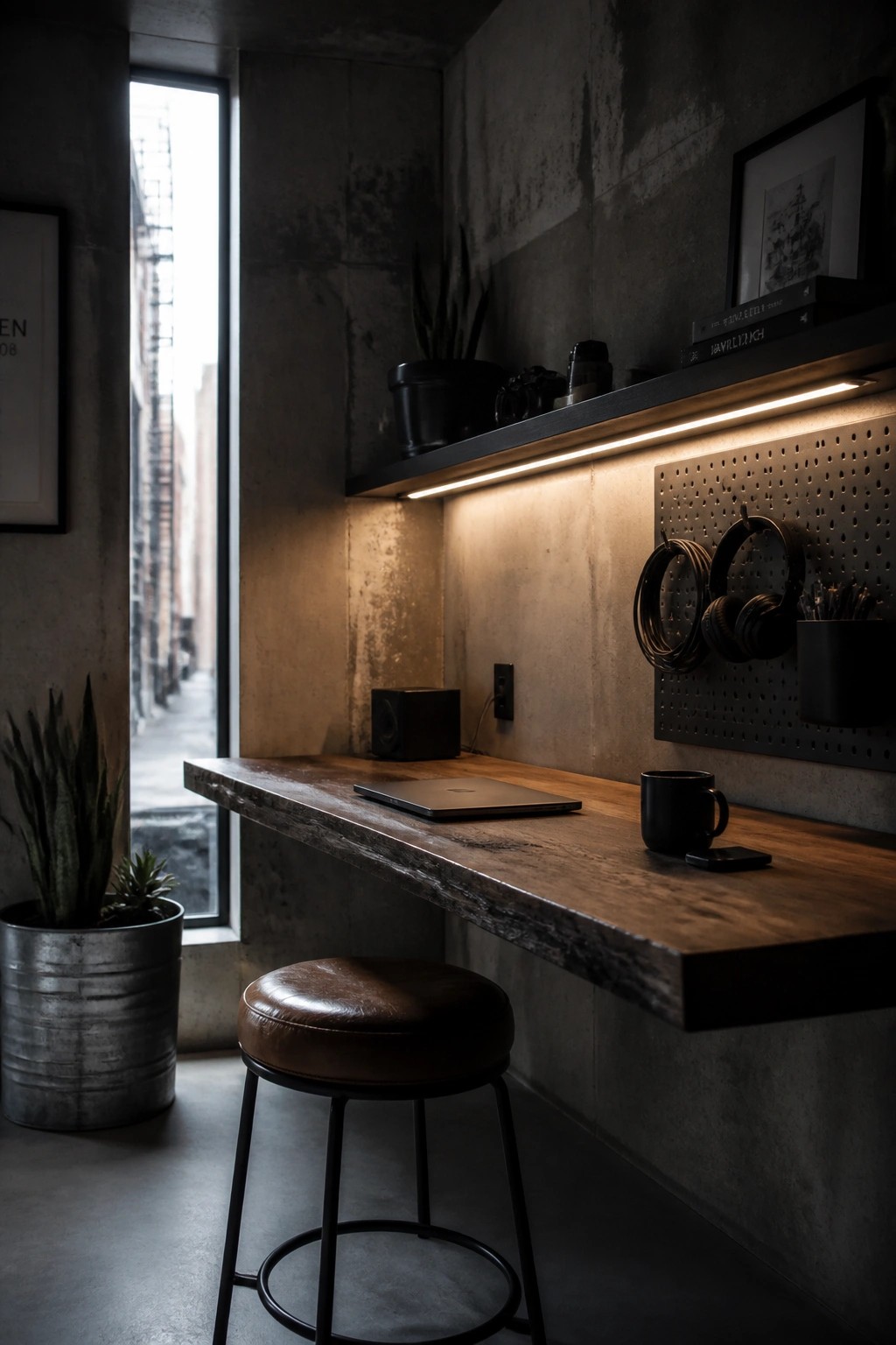 A long reclaimed wood desk is mounted to a concrete wall beneath a lit shelf, with a round leather stool tucked underneath and a pegboard holding headphones to the right.