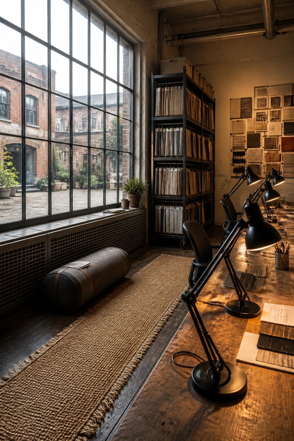 An industrial home office features a long wooden desk lined with several black task lamps, a large multi-pane window, and black metal shelving filled with hanging files.