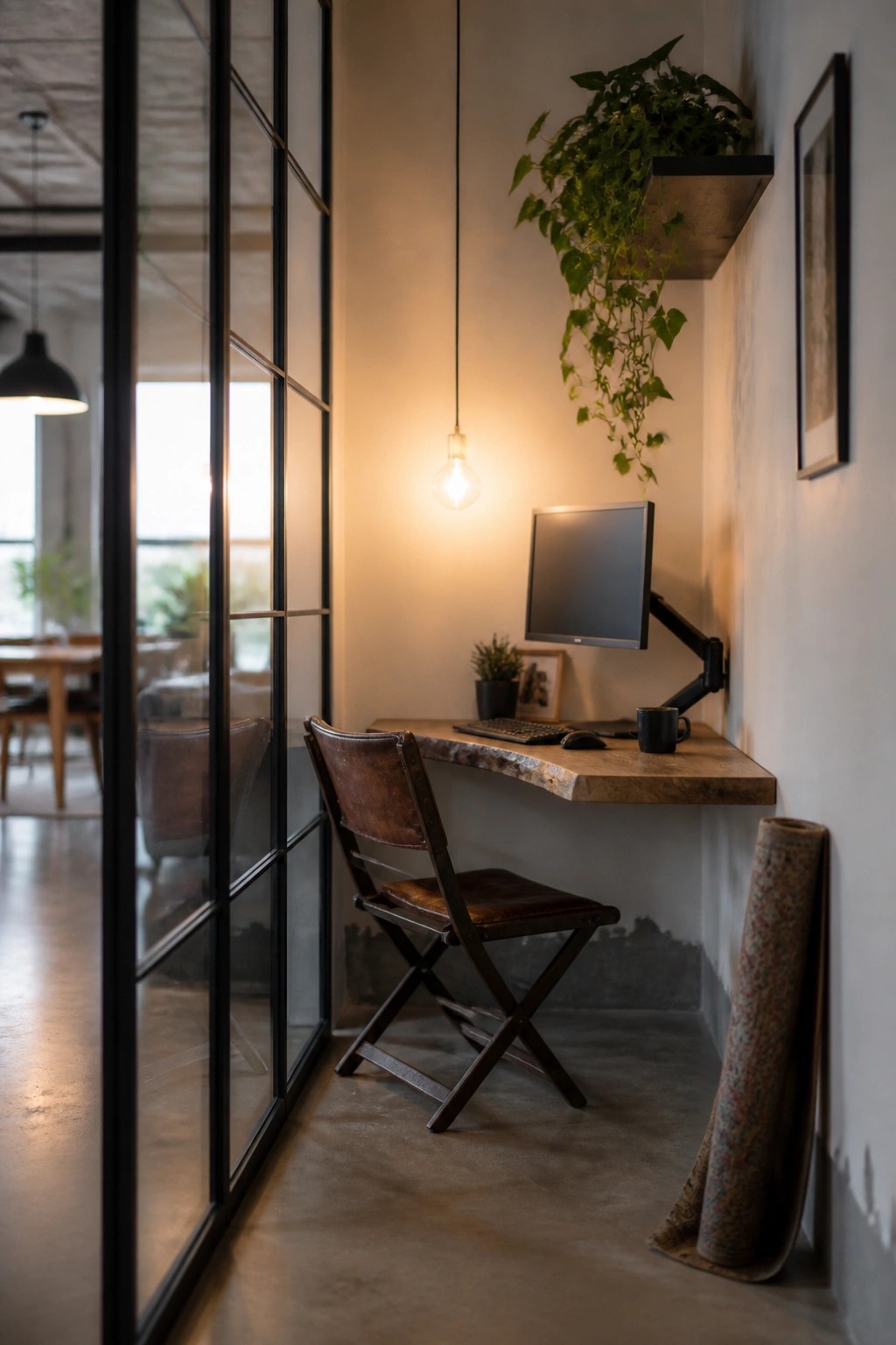A compact home office with a floating wooden desk, wall-mounted monitor arm, leather folding chair, hanging light bulb, and rolled rug against a plain wall.