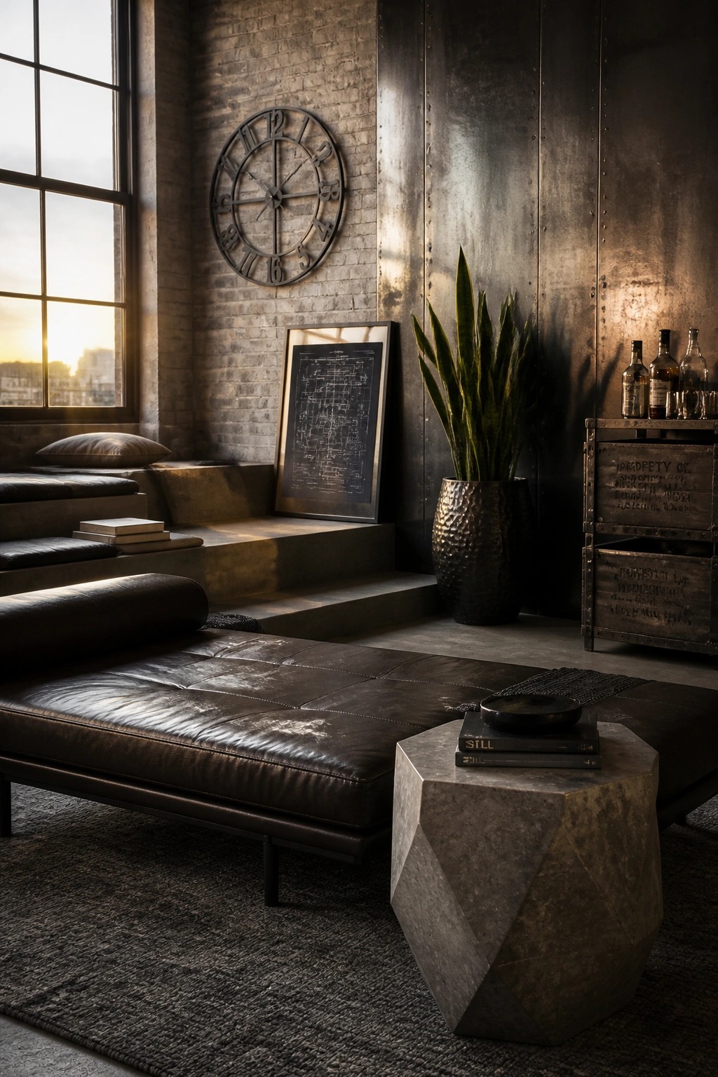 Industrial loft with dark leather chaise, brick wall clock, and potted plant