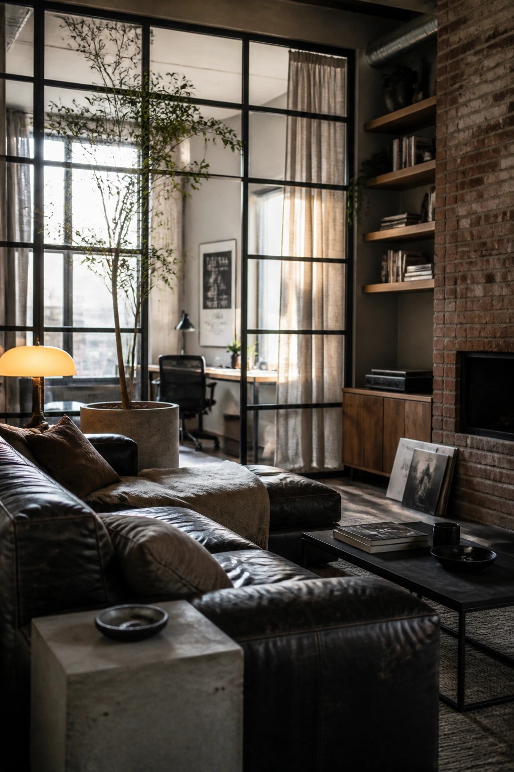 Interior view of a living room with a large black metal framed glass partition wall separating it from an adjacent home office, showing a dark leather sofa, concrete side table, and brick fireplace wall.