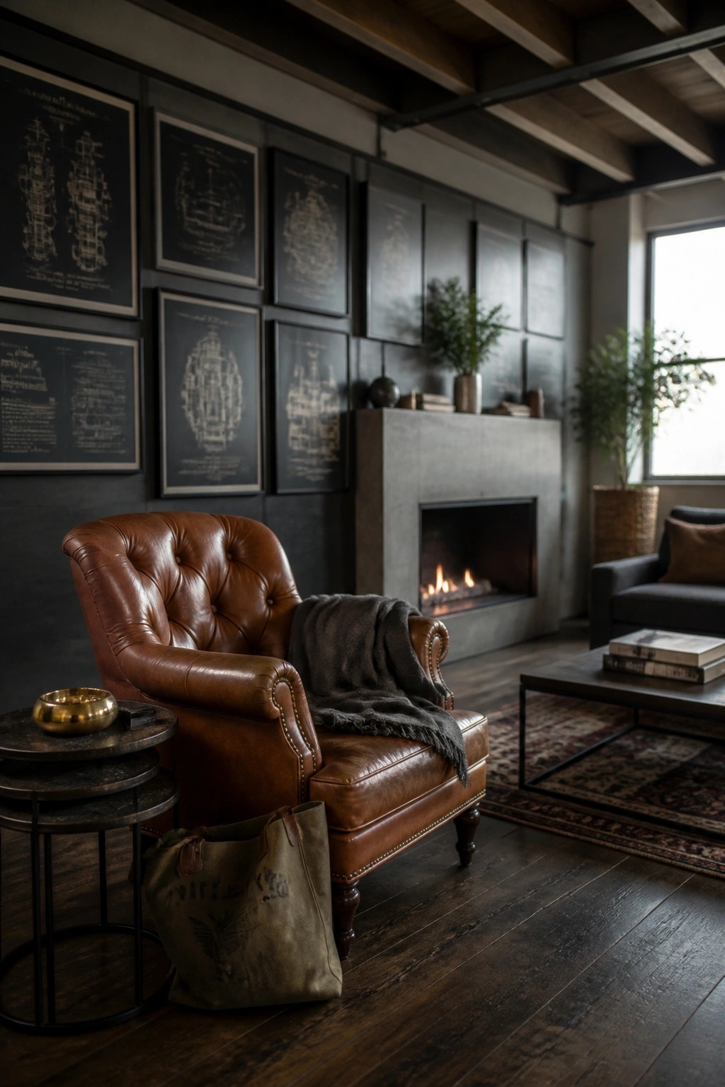 A brown leather armchair with a gray throw sits before a concrete fireplace, with multiple framed blueprint prints arranged on the dark wall behind.