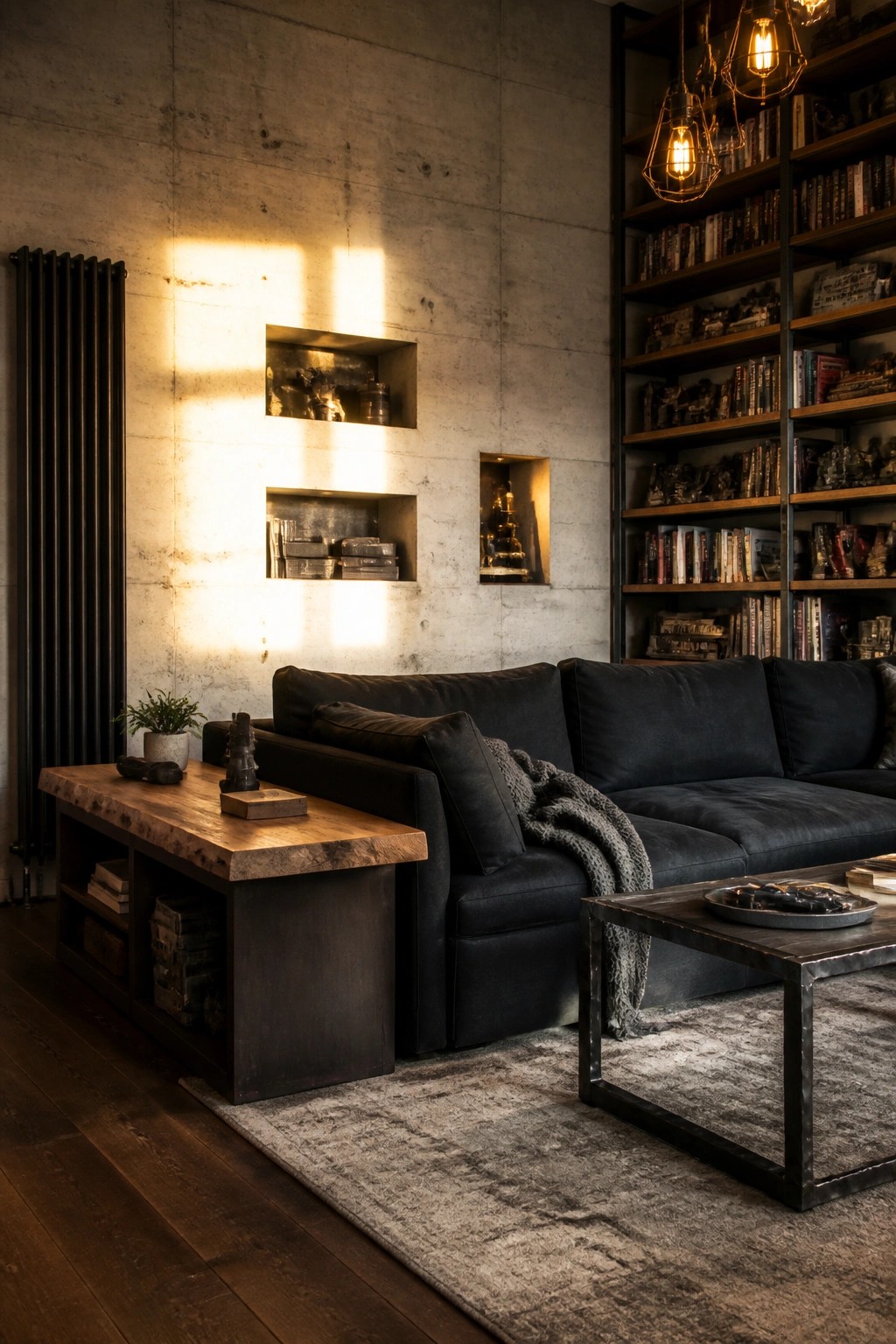 Dark sectional sofa in industrial living room with concrete walls and bookshelves