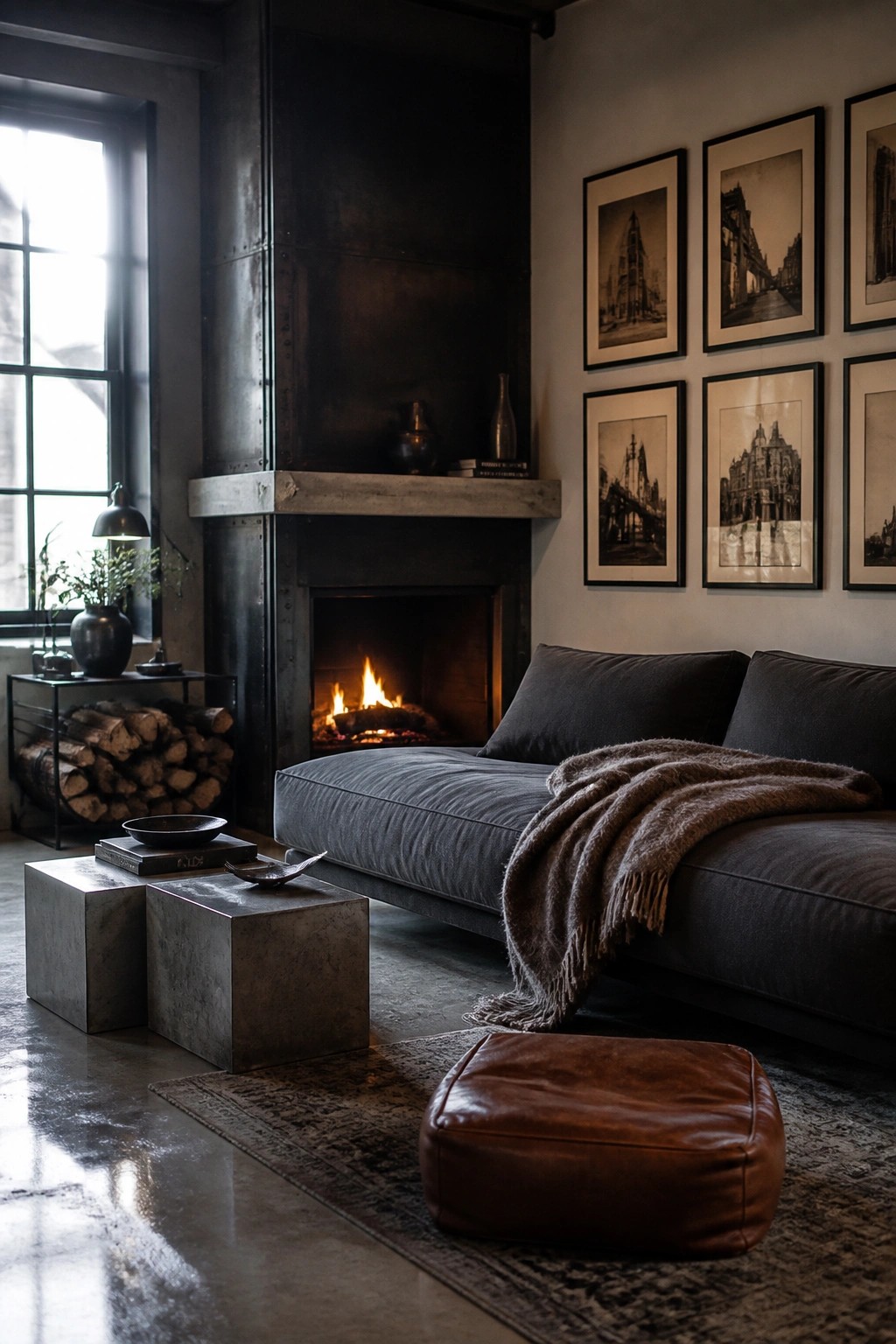 A living room with a dark gray sofa in front of a fireplace, two concrete cube tables on a rug, and framed black and white prints on the wall.