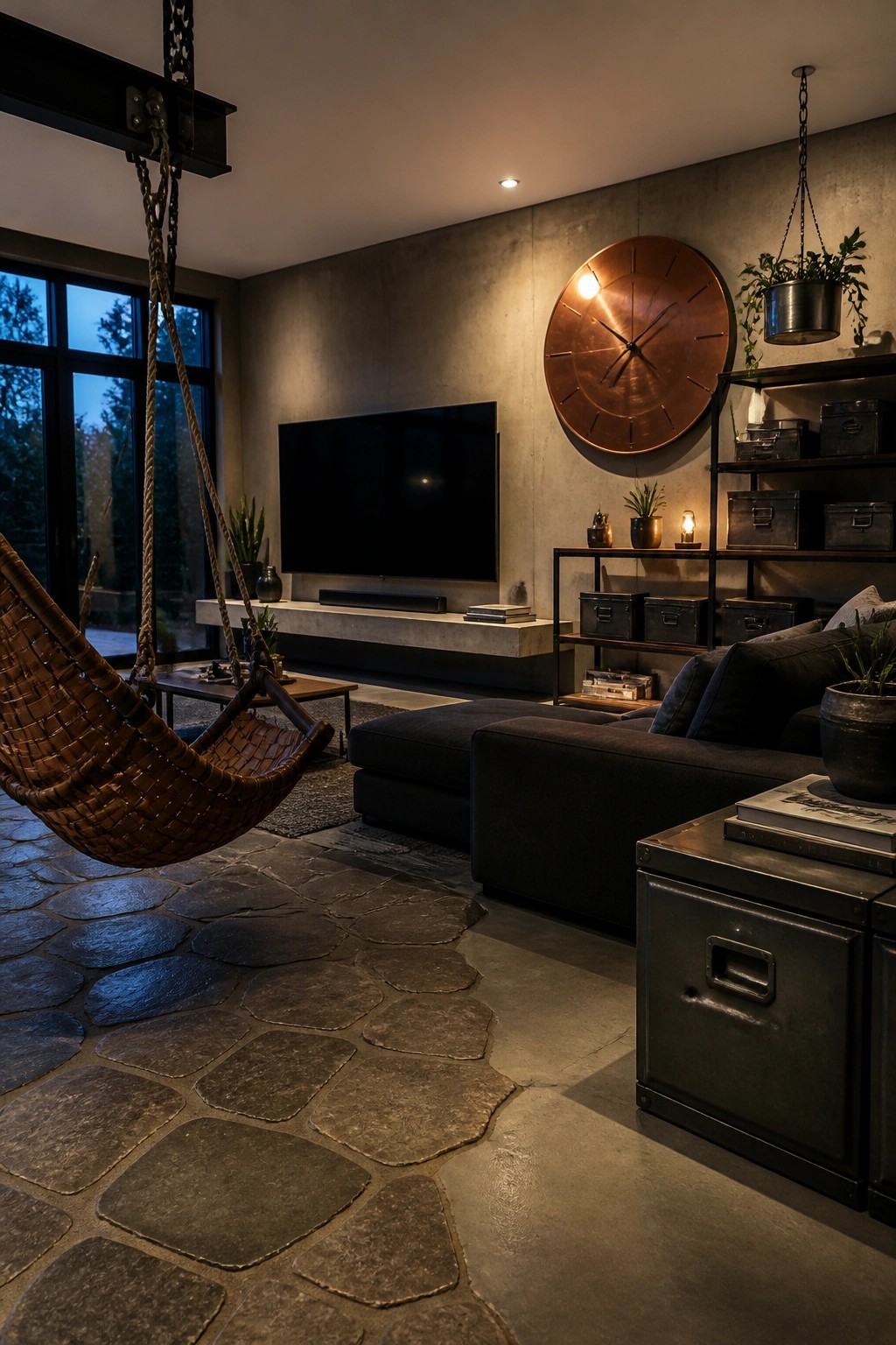 An industrial living room featuring a dark sectional sofa, hanging woven chair, concrete walls, large copper clock, metal shelving units, and irregular stone flooring.