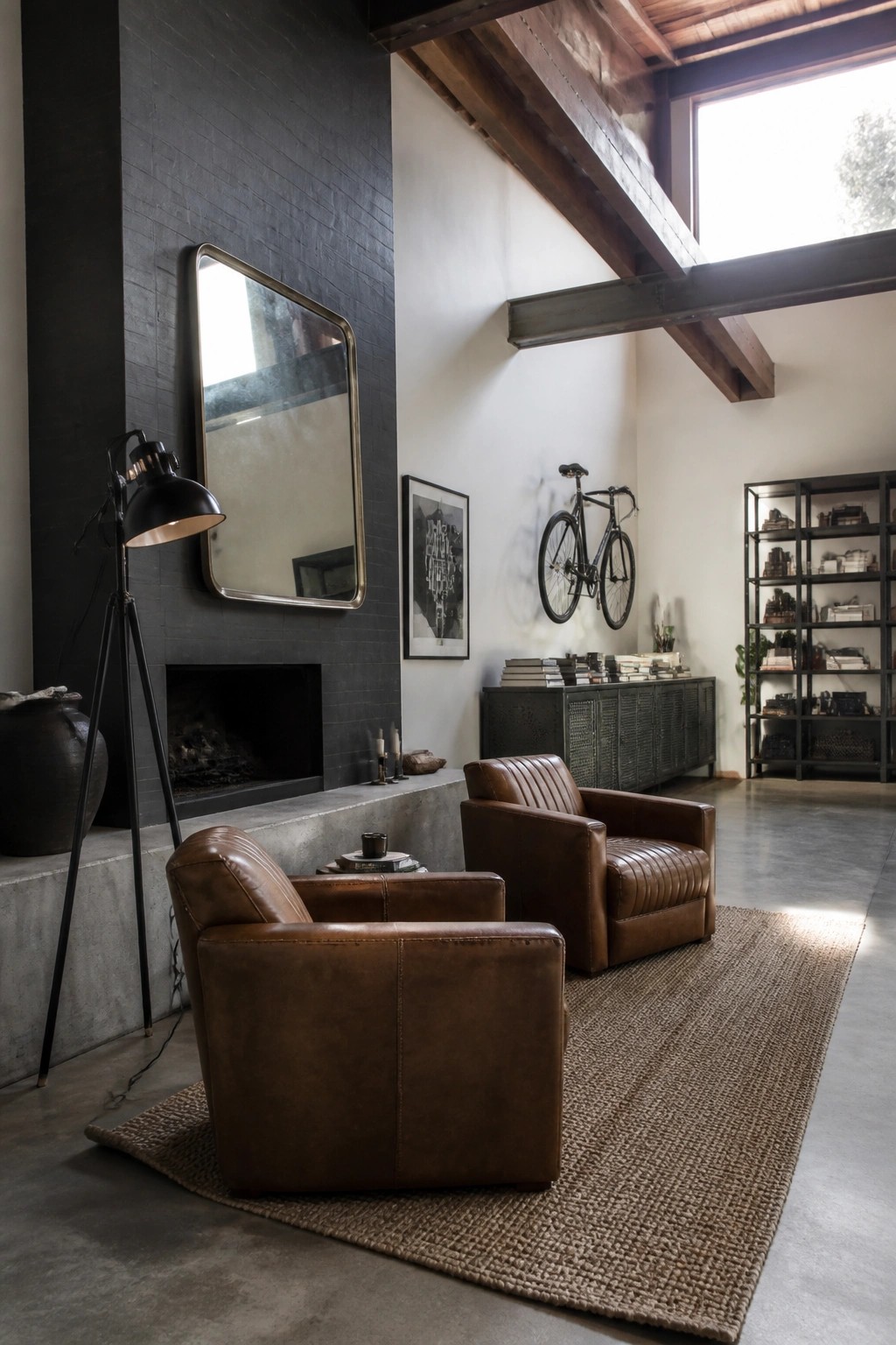 A living room featuring two brown leather armchairs on a woven rug in front of a dark brick fireplace with a large mirror above the hearth.