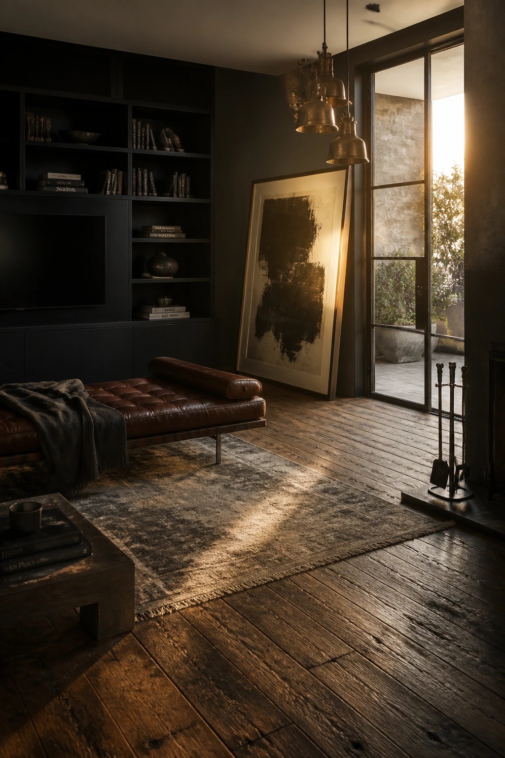 Dark living room with leather chaise, abstract art, and sunlit wooden floors