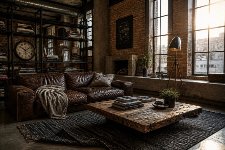 22 Industrial Masculine Living Room Ideas with Raw Modern Edge A living room featuring a brown leather sofa, wooden coffee table, metal bookshelves, and exposed brick walls with large windows.