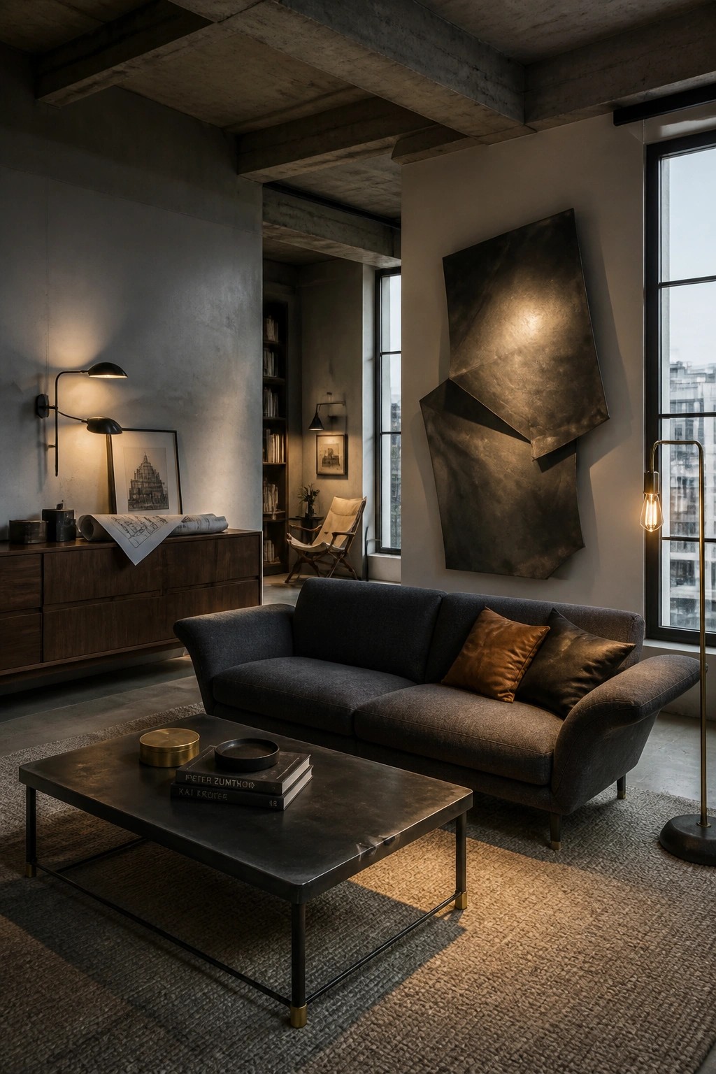 Dark gray sofa, metal coffee table, and large bronze wall sculpture in industrial loft