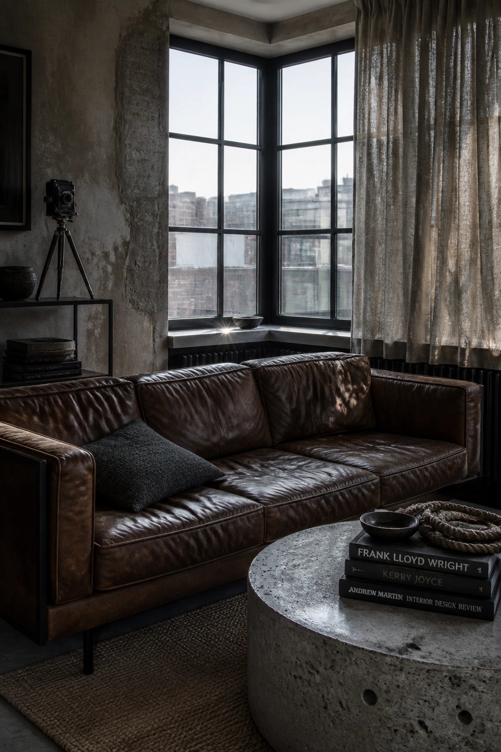 Brown leather sofa in industrial loft with concrete table, books, and large windows