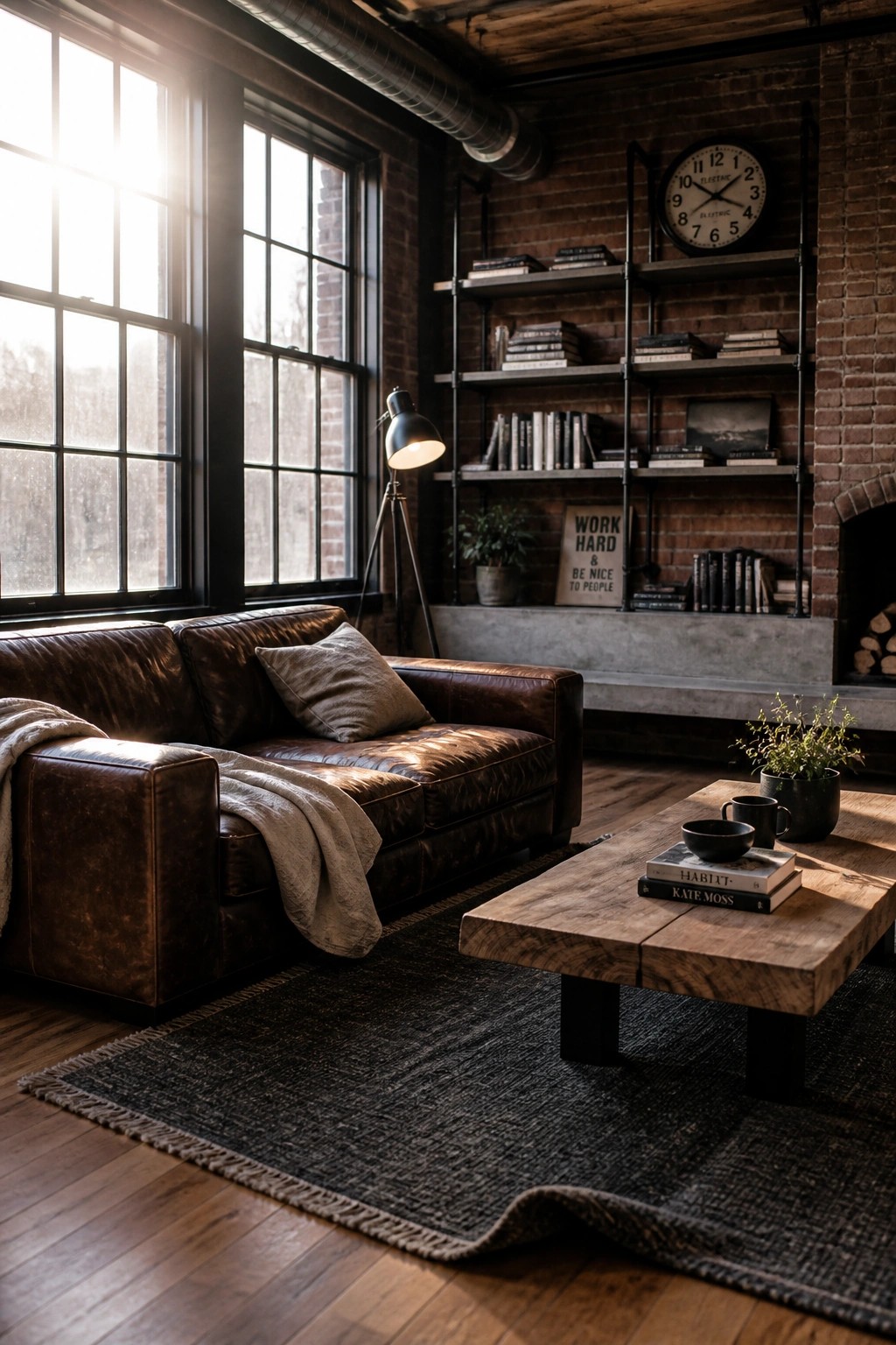 A living room featuring a brown leather sofa, wooden coffee table, metal bookshelves, and exposed brick walls with large windows.