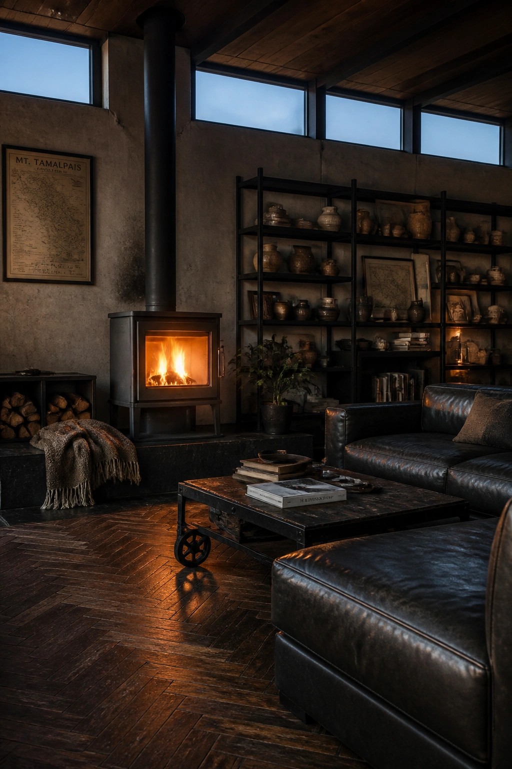 A dimly lit living room with a lit wood stove, black leather sofa, metal shelving filled with pottery and books, and dark herringbone wood flooring.