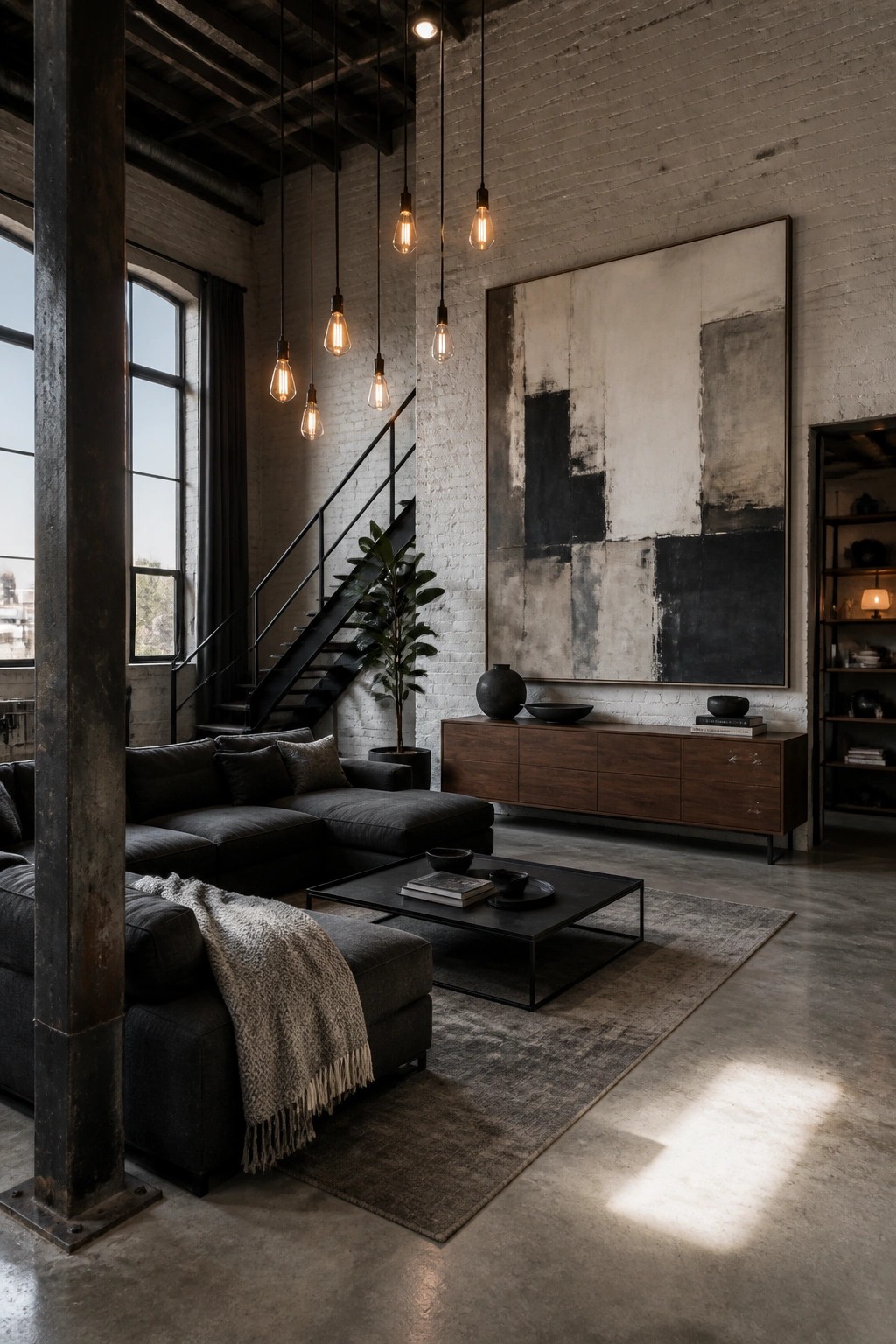 An industrial living room with a dark sectional sofa, black coffee table on a gray rug, wooden console against a white brick wall, and a large abstract painting in black, white, and gray tones under hanging pendant lights.