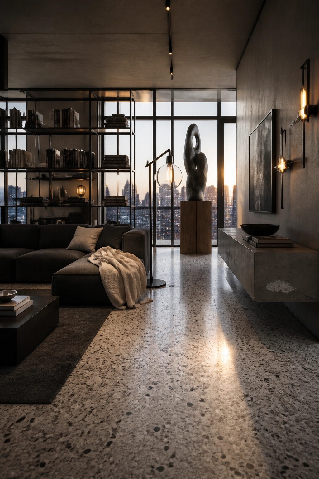A spacious industrial living room featuring a dark sectional sofa, black metal open shelving filled with books, a polished speckled concrete floor, and large windows with a city view at dusk.
