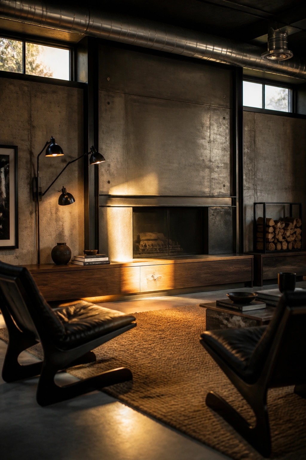Living room with a large concrete wall, built-in fireplace, dark wood console with under-lighting, and two black leather chairs on a woven rug.
