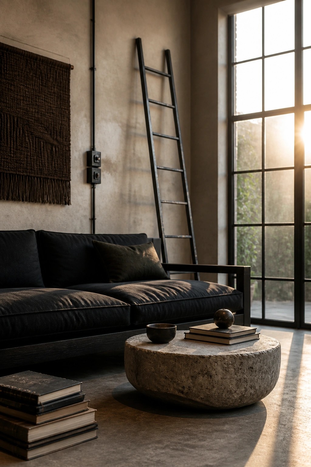 A living room featuring a black sofa, round concrete coffee table with stacked books and a small bowl, black ladder leaning on a textured wall, and a large window with sunlight.