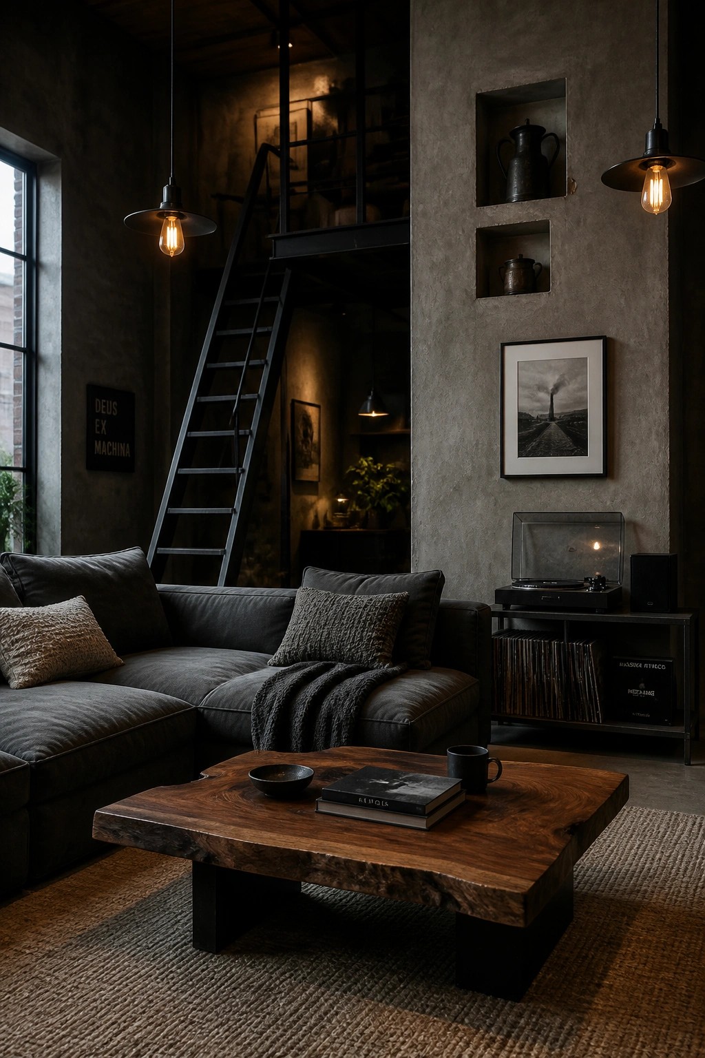 An industrial living room with dark gray sectional sofa, wooden coffee table, record player console, and textured concrete walls featuring recessed niches.
