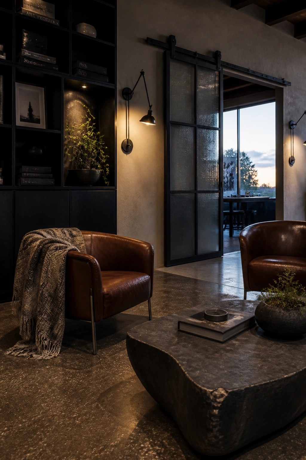 A modern living room featuring two brown leather armchairs, a large rough stone coffee table, dark built-in shelving with books and a plant, and a black-framed sliding glass door.