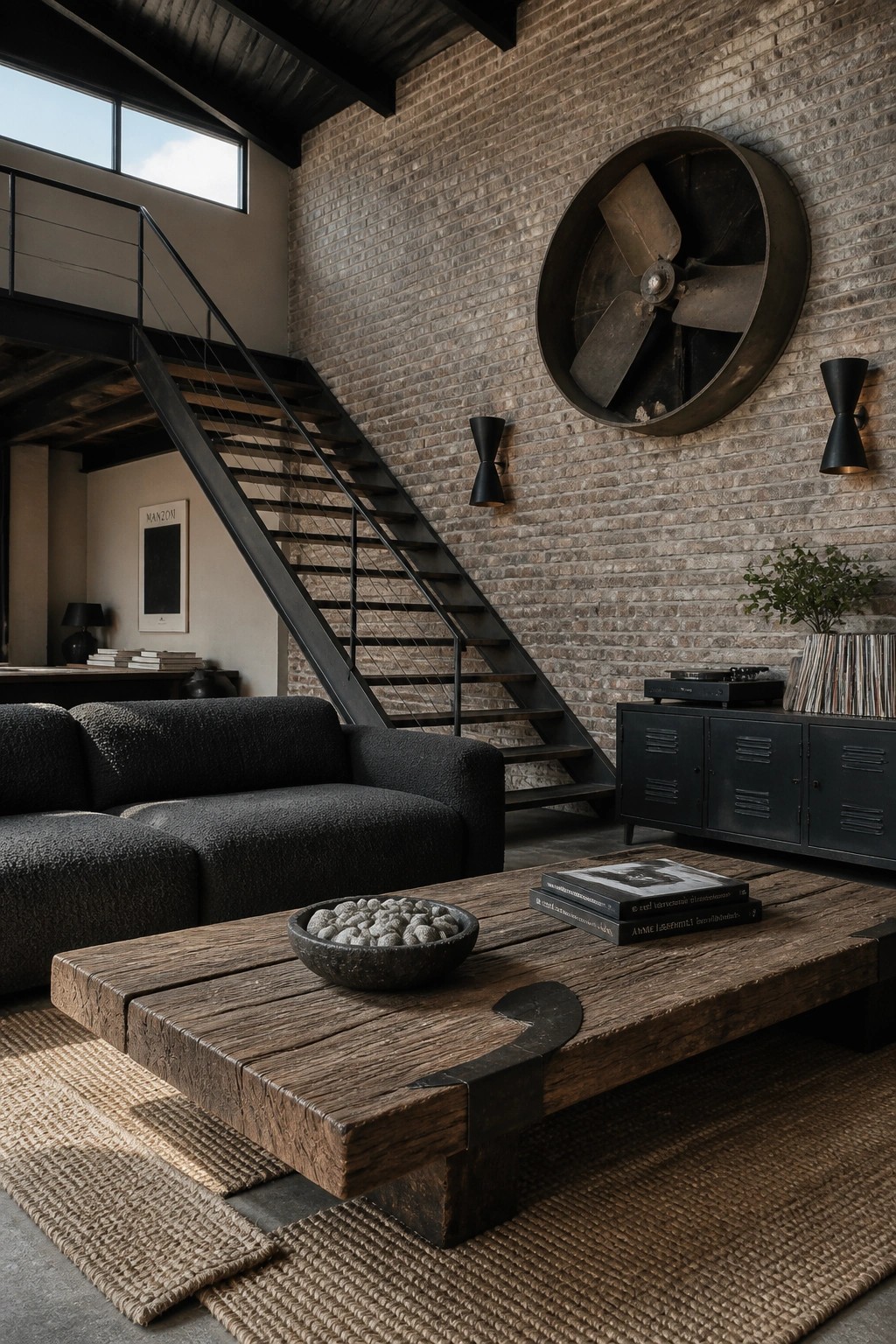 A spacious industrial living room featuring a large reclaimed wood coffee table on jute rugs, a dark sectional sofa, exposed brick wall with a mounted industrial fan, black metal staircase, and a record console.