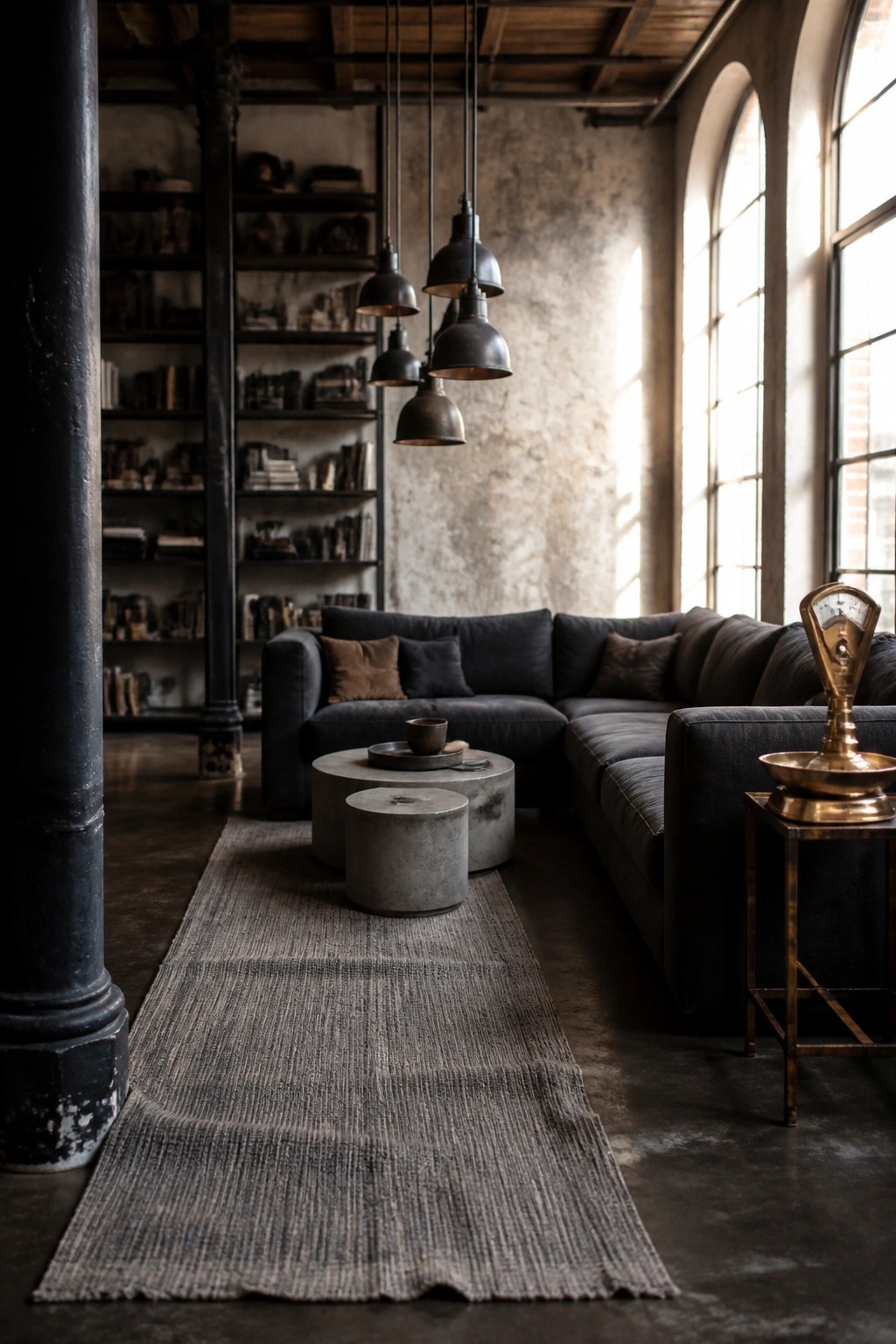 Dark industrial living room with gray sofa, concrete tables, and hanging lights