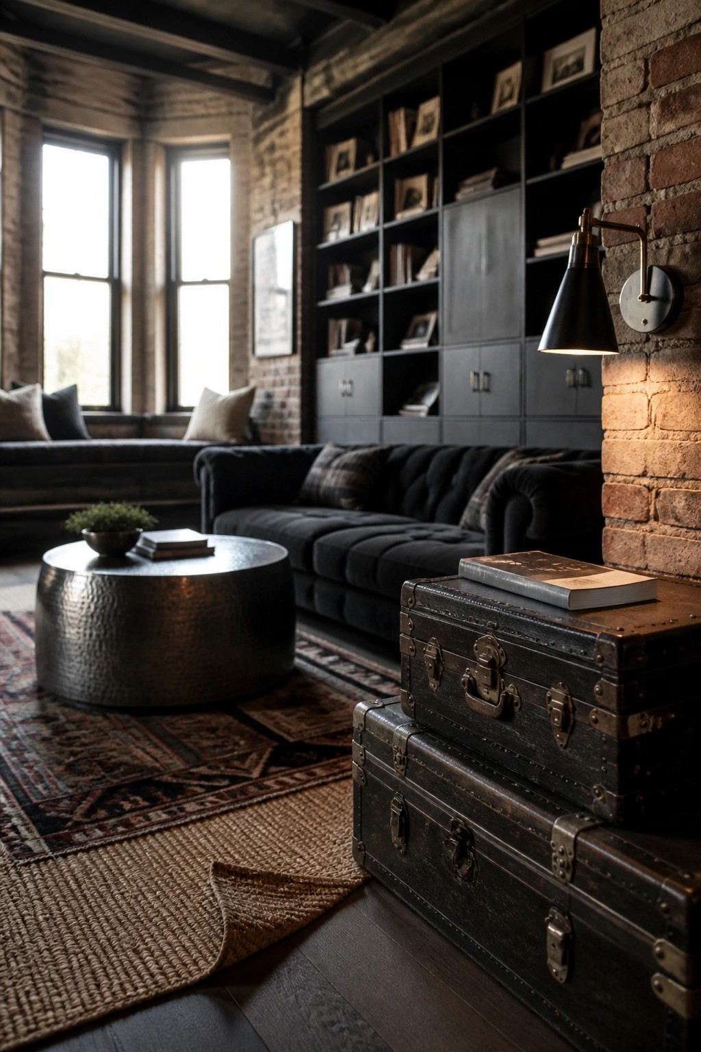 Industrial living room with black sofa, bookshelves on brick wall, and vintage trunks
