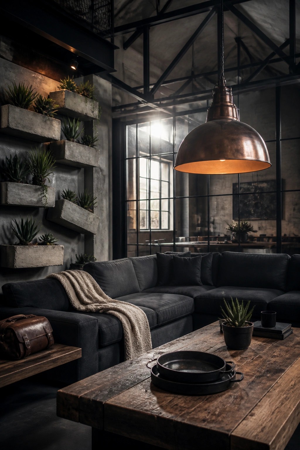 An industrial living room featuring a dark sectional sofa, wooden coffee table, large copper pendant light, and multiple concrete wall planters with succulents.