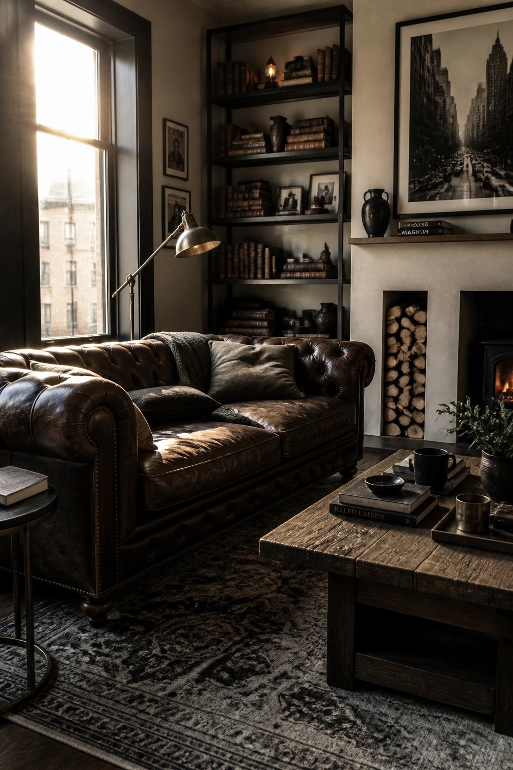 A brown leather tufted sofa sits in a living room with dark wood bookshelves, a fireplace with stacked logs, and a wooden coffee table on a patterned rug.