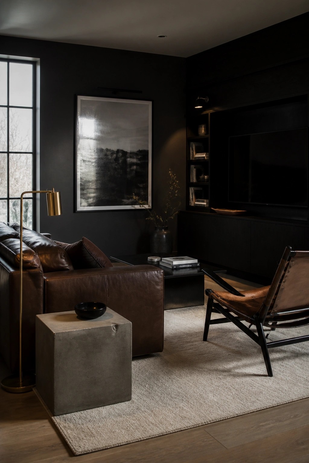 A living room with dark walls featuring a brown leather sofa, a brown leather sling chair, a large black and white framed artwork, a concrete side table, and a light area rug.