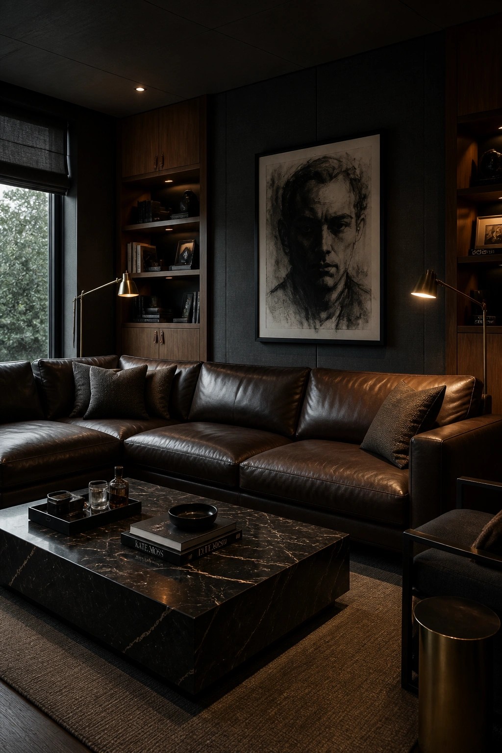 A living room with a large dark brown leather sectional sofa, marble coffee table, and a large charcoal portrait on dark paneled walls.