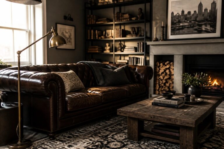 A brown leather tufted sofa sits in a living room with dark wood bookshelves, a fireplace with stacked logs, and a wooden coffee table on a patterned rug.