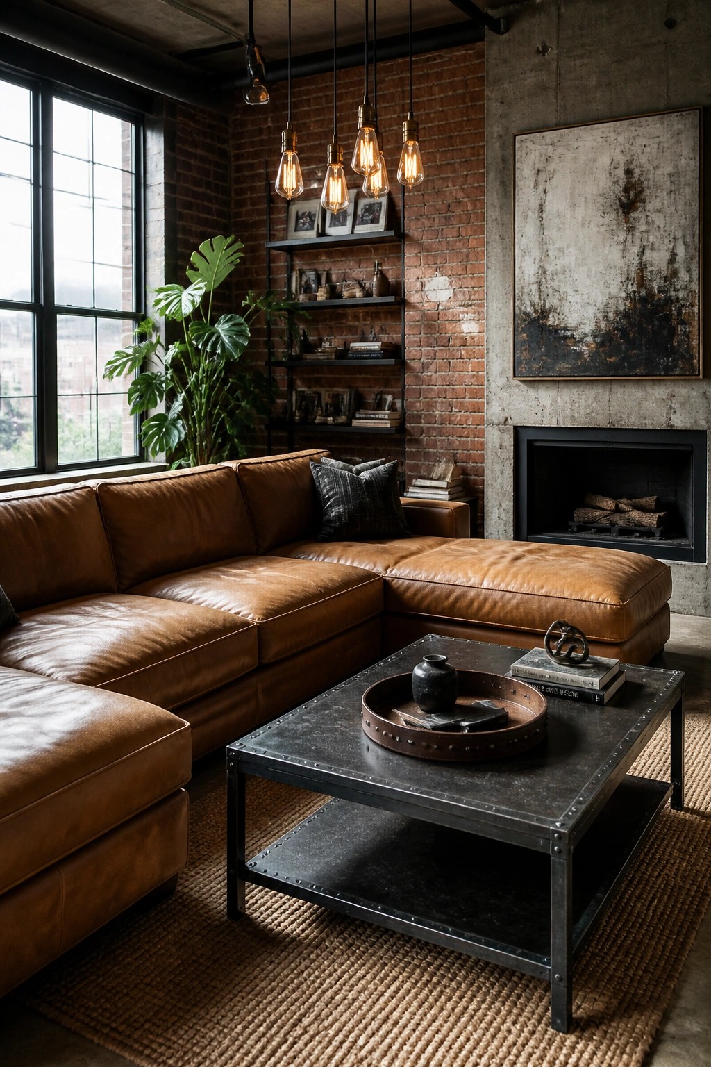 Modern industrial living room with brown leather sectional, black coffee table, and brick walls.