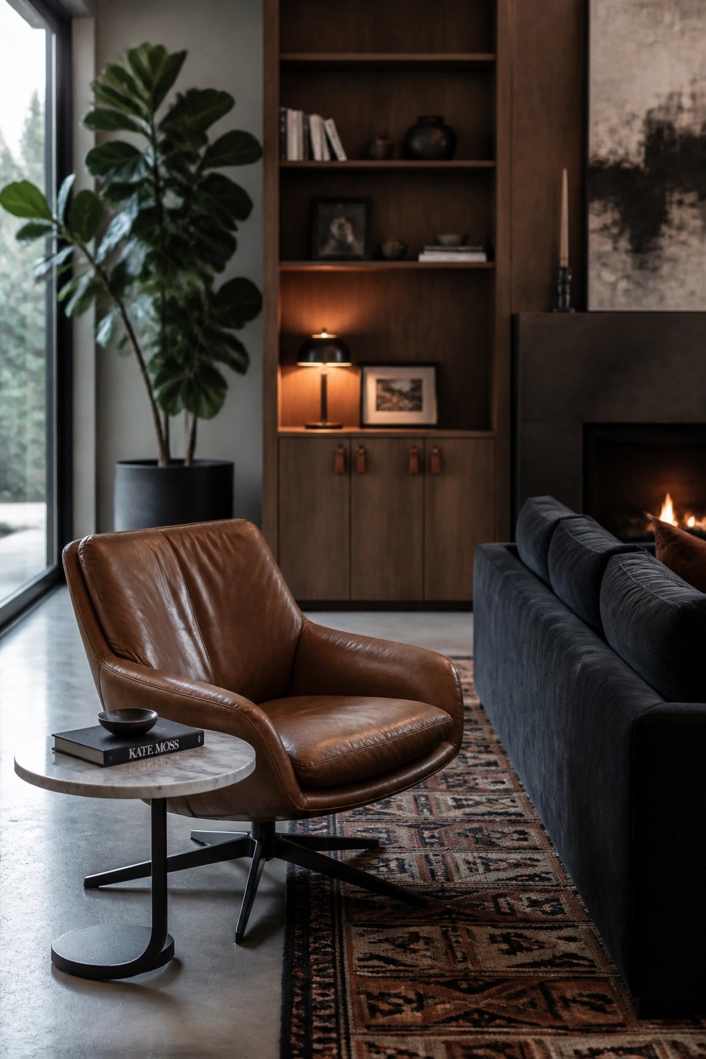 A living room with a brown leather swivel chair beside a dark sofa on a patterned rug, in front of wooden built-in shelves and a fireplace.