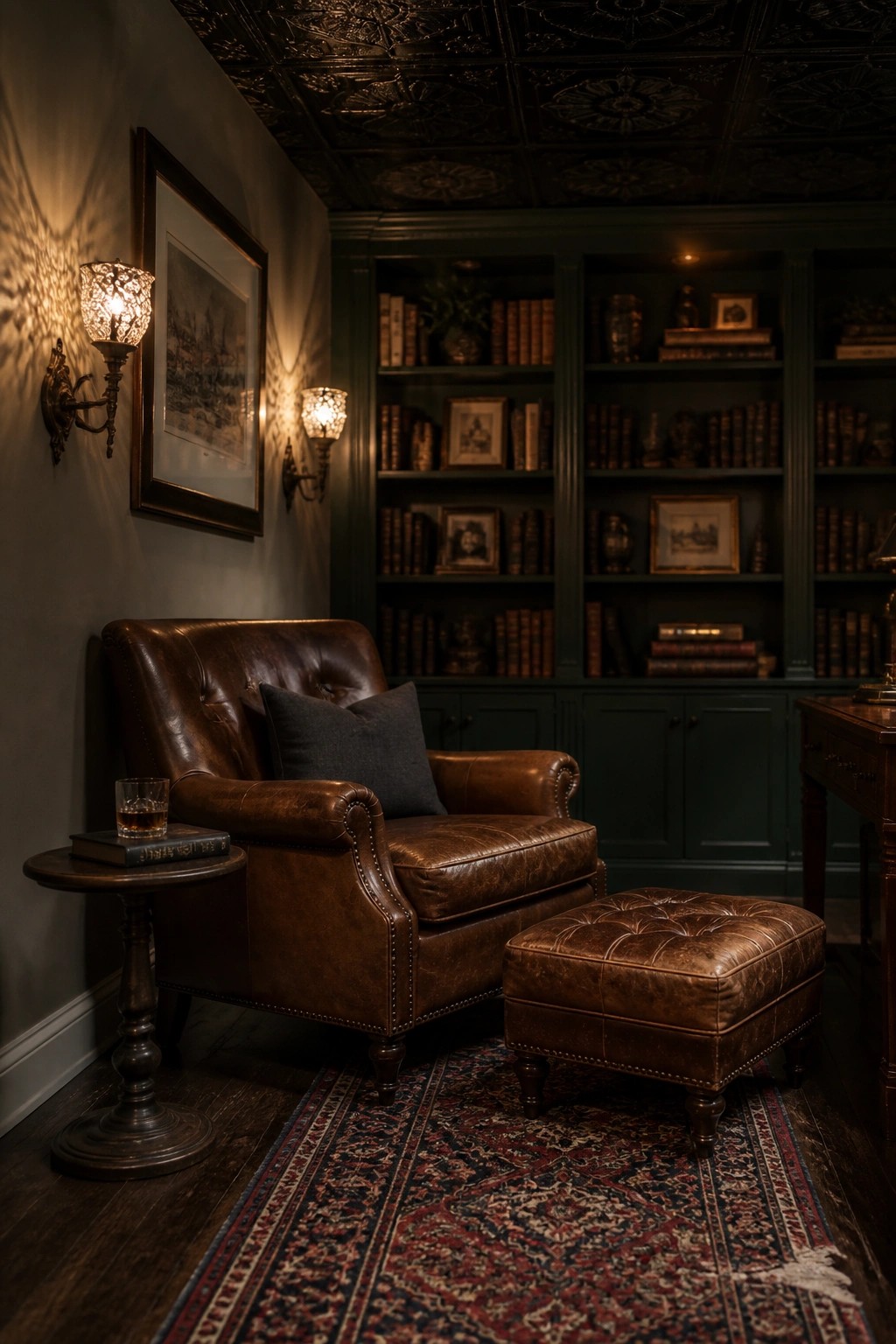 A brown leather armchair with ottoman sits on a patterned rug in front of dark green bookshelves.
