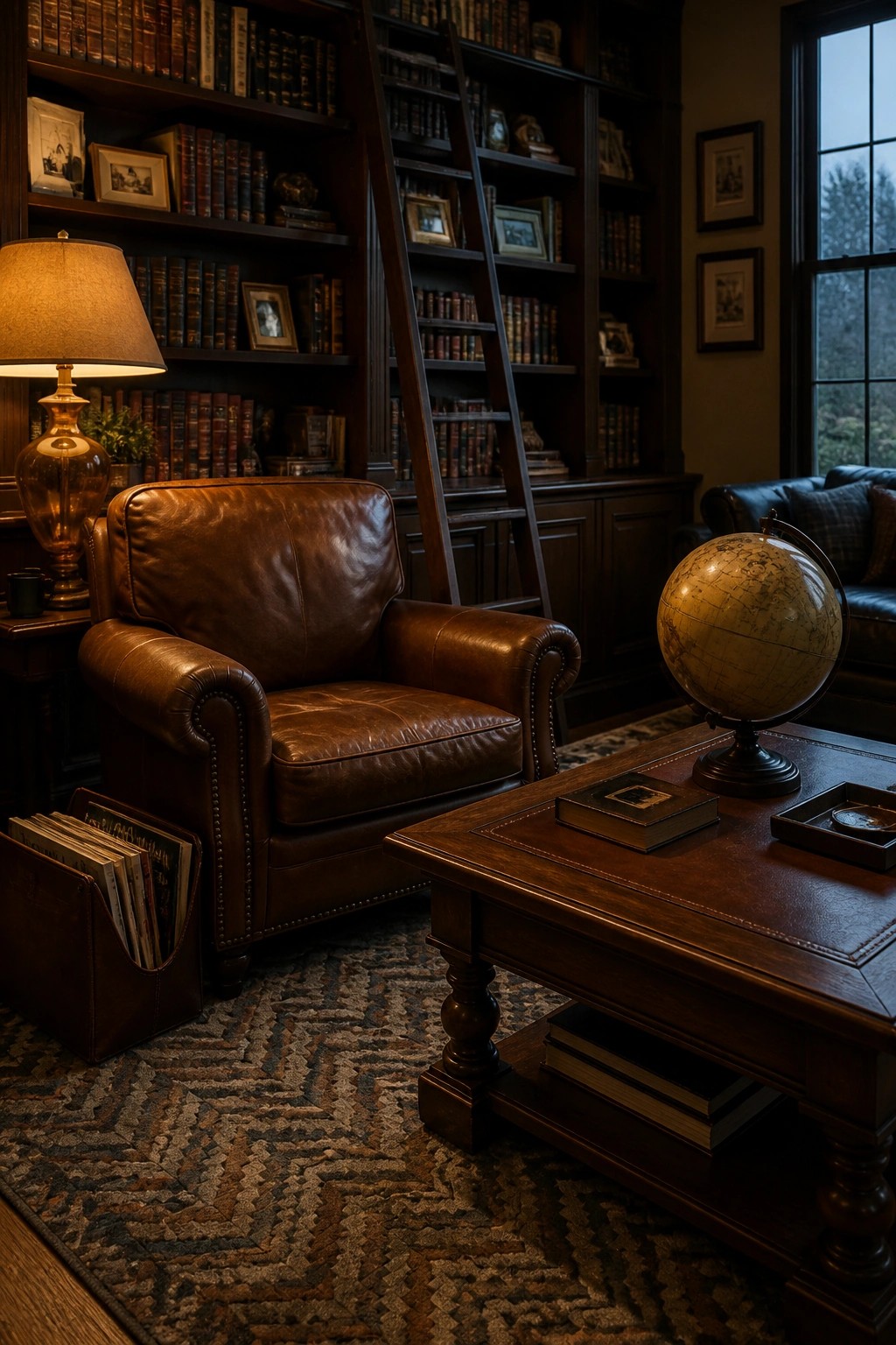 A brown leather armchair in a room with dark wood bookshelves, a globe on the coffee table, and a patterned rug.