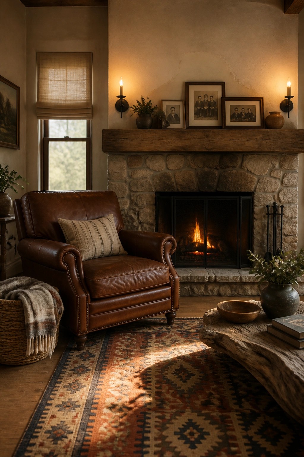 A brown leather armchair with a striped pillow sits on a patterned rug in front of a stone fireplace with a wooden mantel.