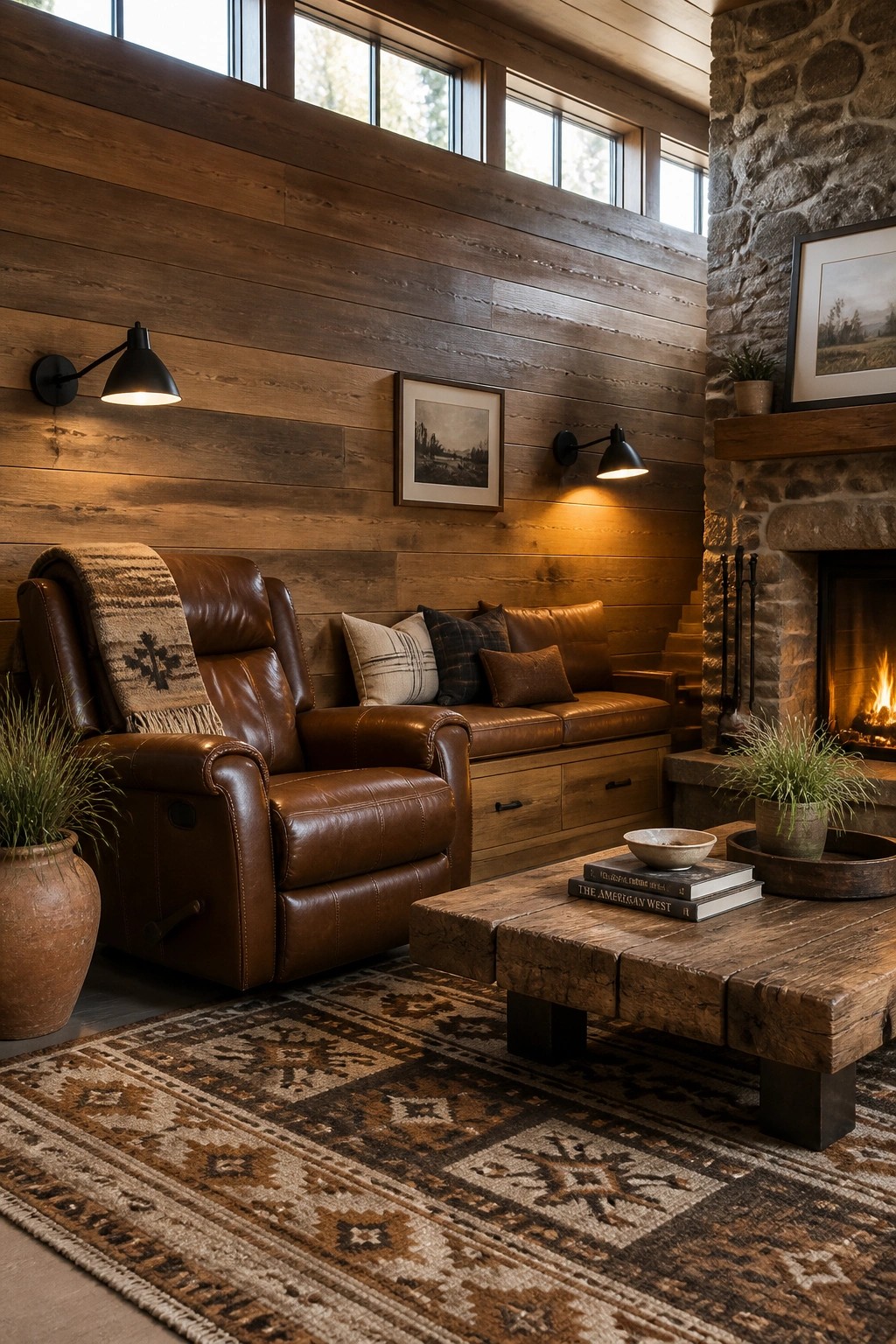 A living room with a brown leather recliner and sofa, wooden plank walls, a stone fireplace, and a patterned area rug.