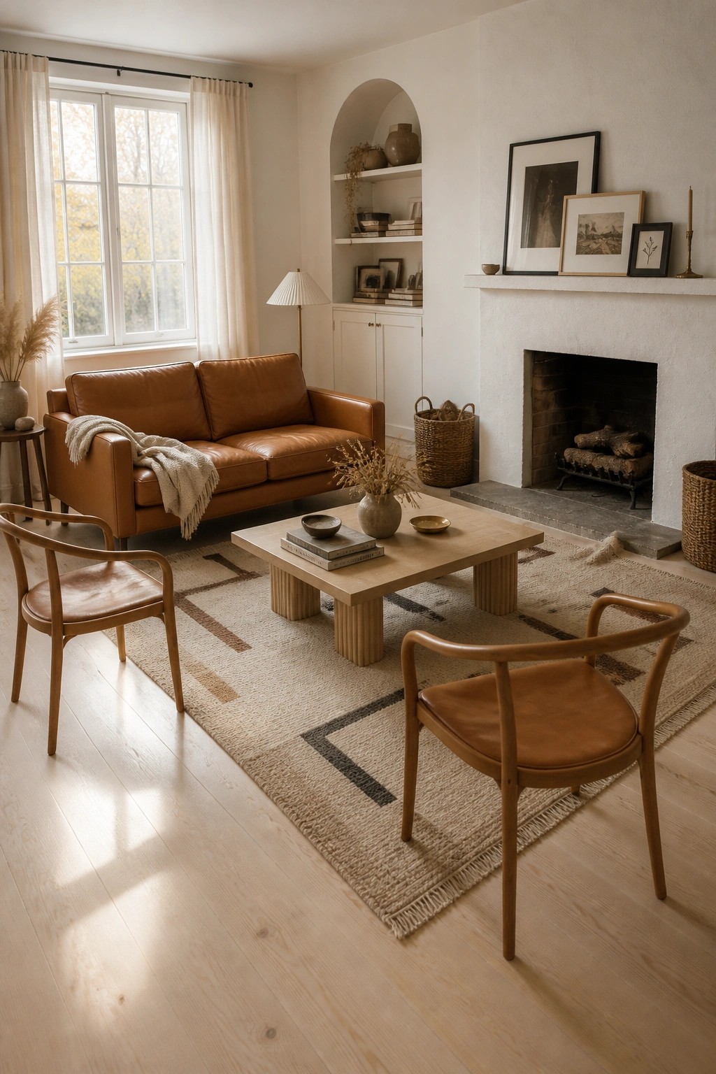 Cozy living room with brown leather sofa, wooden chairs, rug, and fireplace
