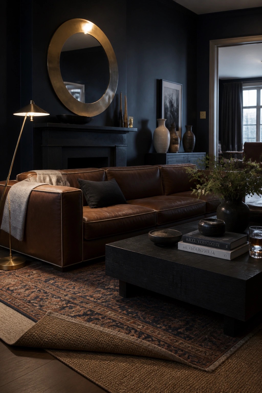 A brown leather sectional sofa sits in a dark living room with a round gold mirror above a black fireplace, a dark coffee table, and a patterned area rug on wood flooring.