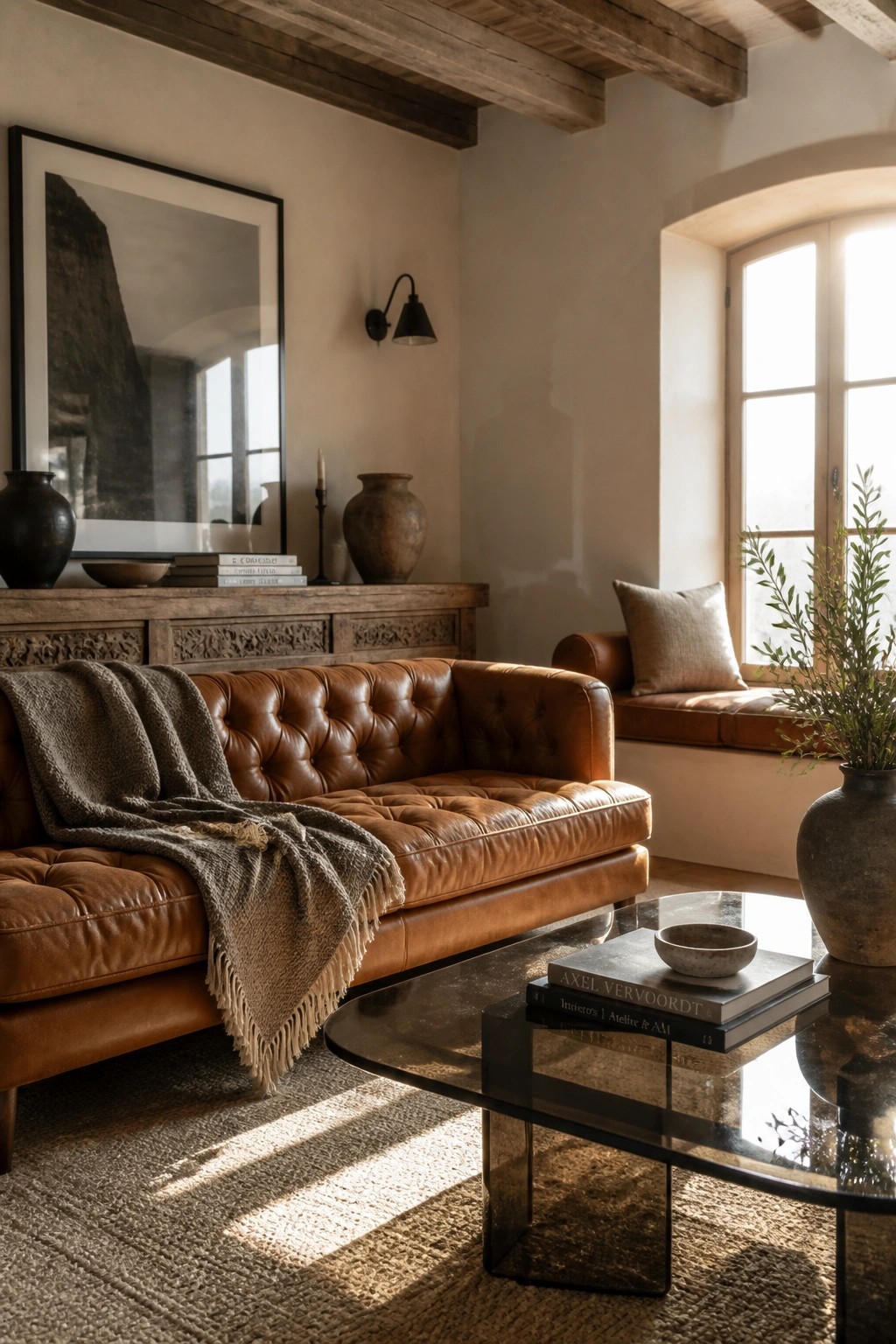 A brown tufted leather sofa with a woven throw sits in a living room next to a glass coffee table, with wooden beams overhead and a large framed artwork on the wall.
