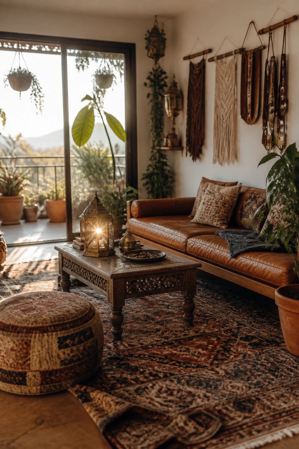 A living room with a brown leather sofa, carved wooden coffee table on a patterned rug, and large glass doors to the outside.