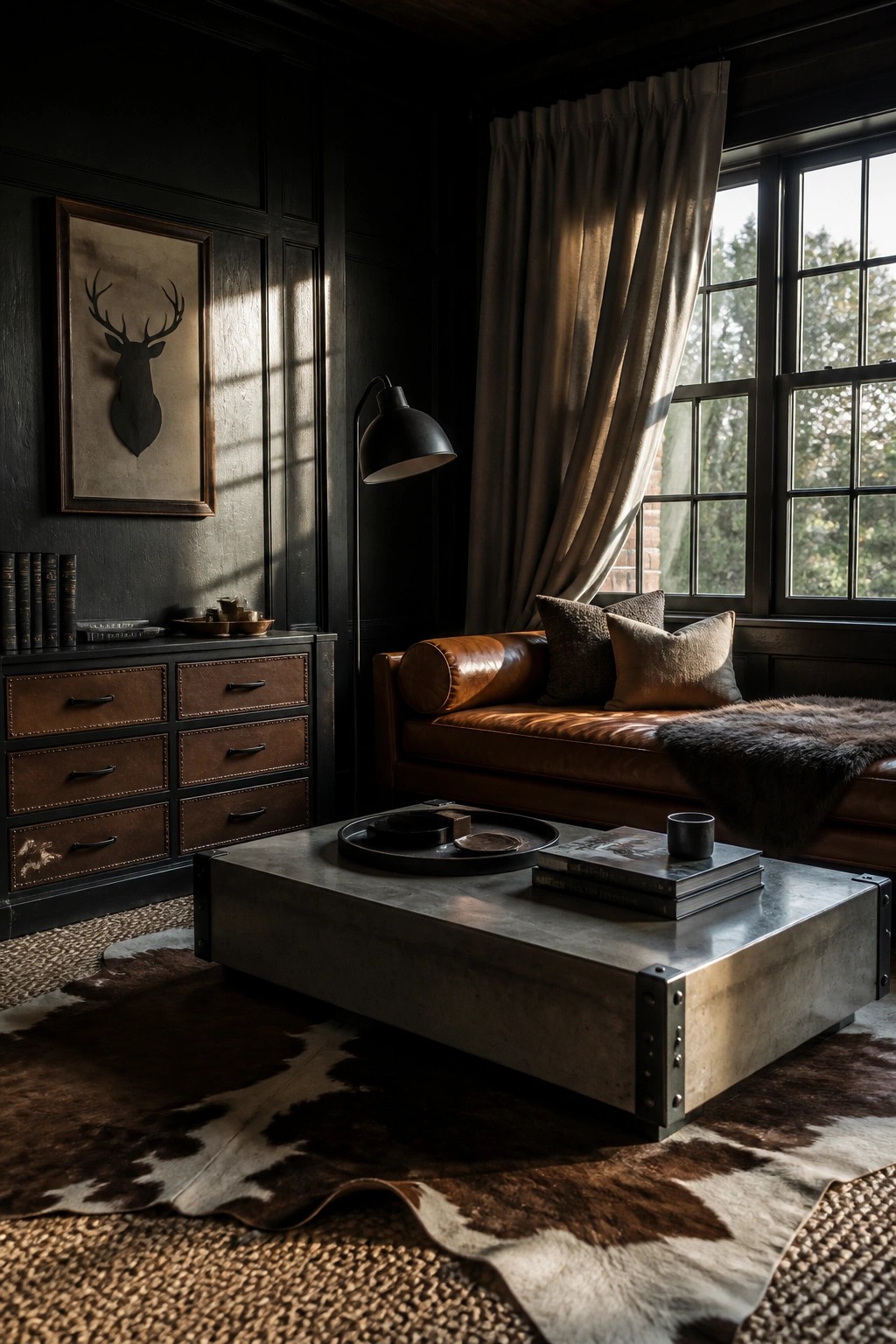 A living room featuring a brown leather sofa against dark wood paneling, with a metal coffee table on cowhide rugs and a framed deer head artwork on the wall.