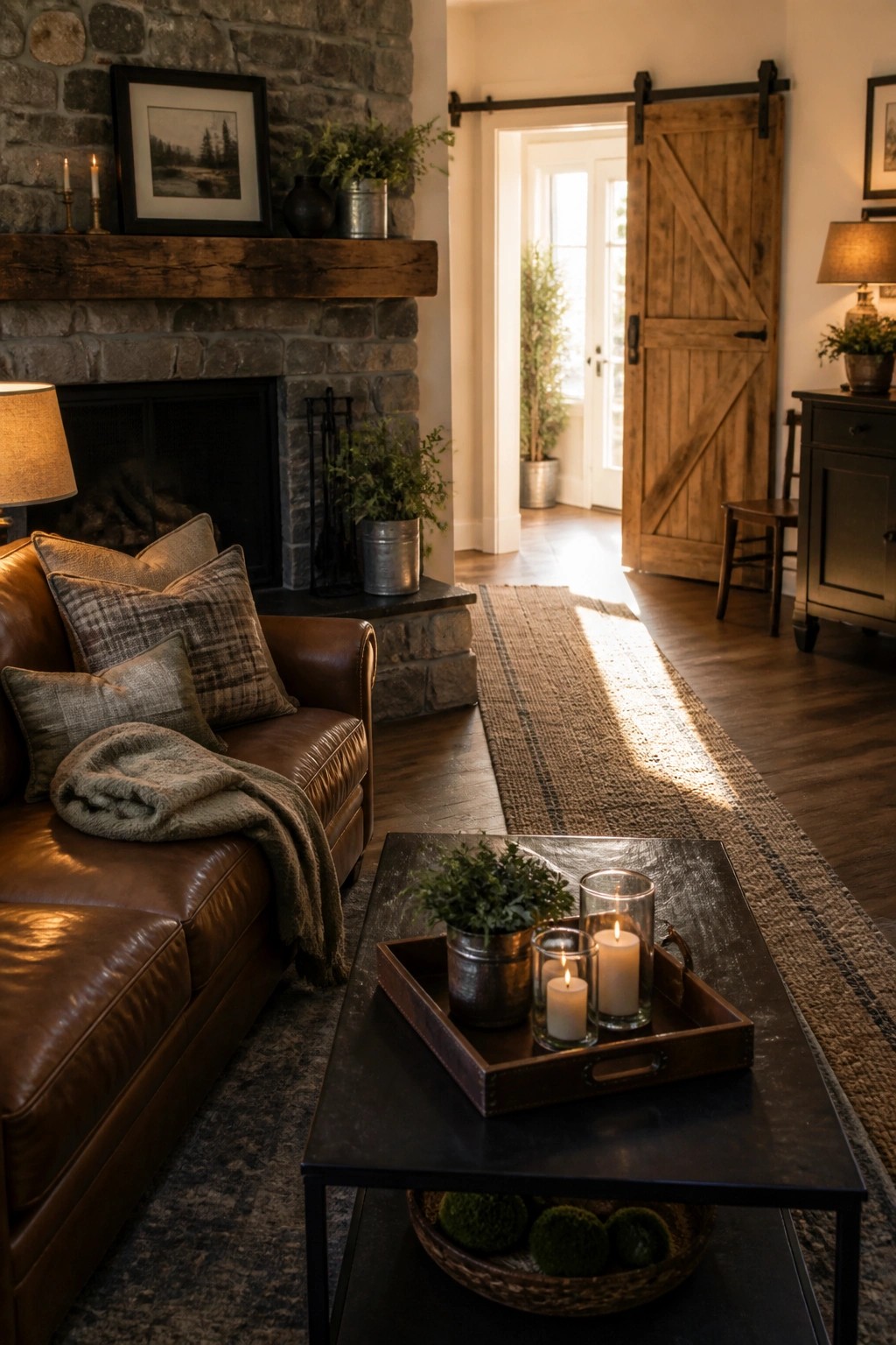 A brown leather sofa faces a stone fireplace in a living room with a dark coffee table holding candles on a tray.