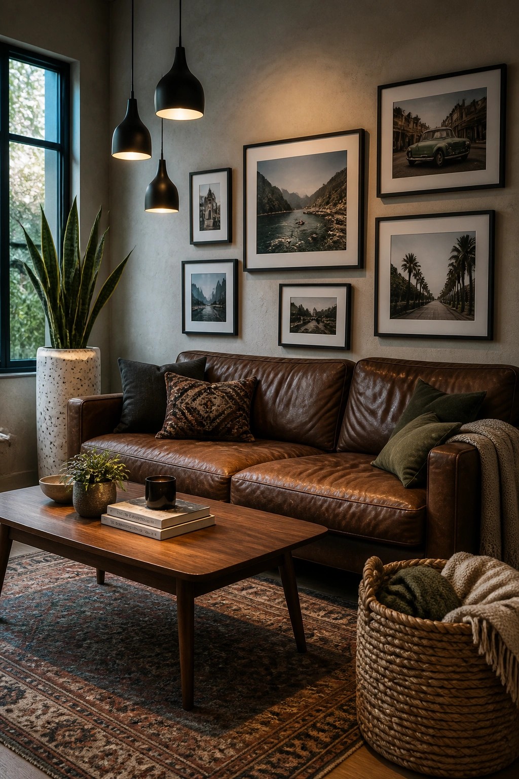 A living room with a brown leather sofa, wooden coffee table on a patterned rug, gallery wall of framed photos, and potted plants near a window.