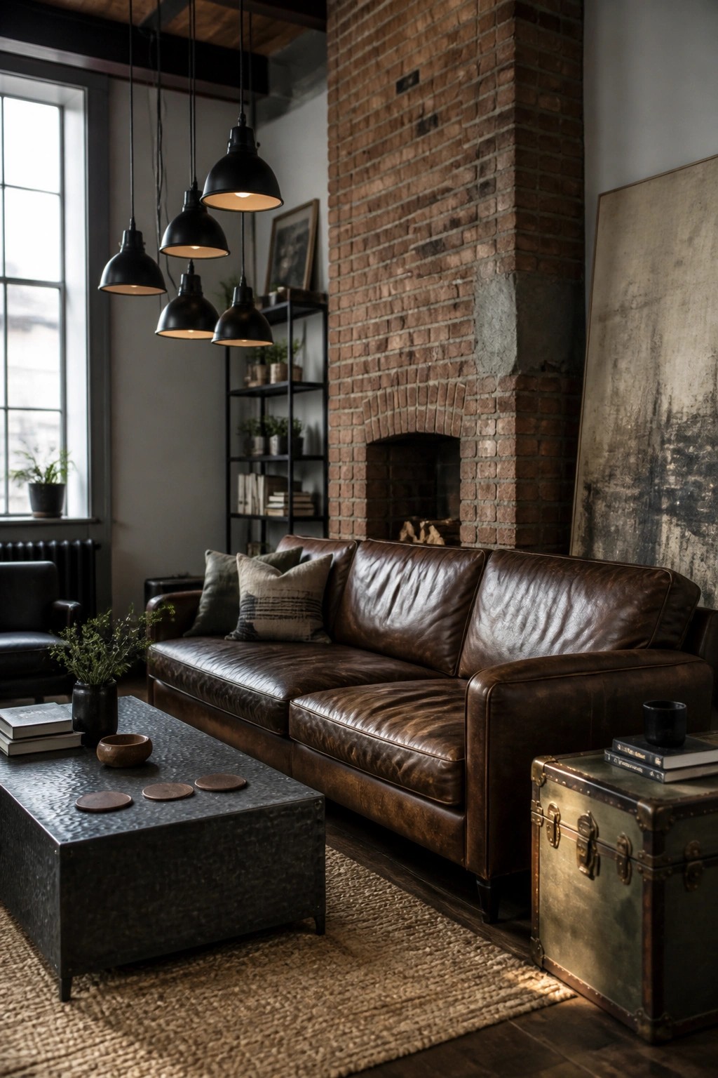A living room with a brown leather sofa positioned in front of a brick fireplace, black pendant lights above, and a dark metal coffee table on a woven rug.