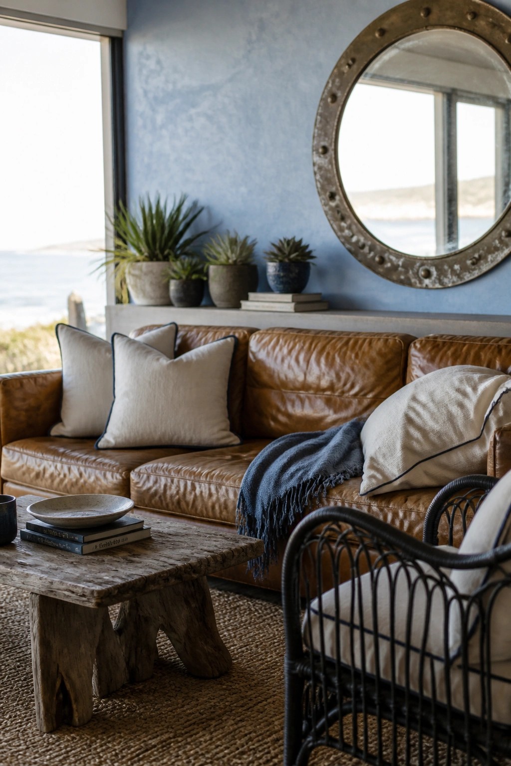 A brown leather sofa sits against a blue wall beneath a round metal mirror, with linen pillows, a blue throw, a wooden coffee table, and potted plants on a ledge.