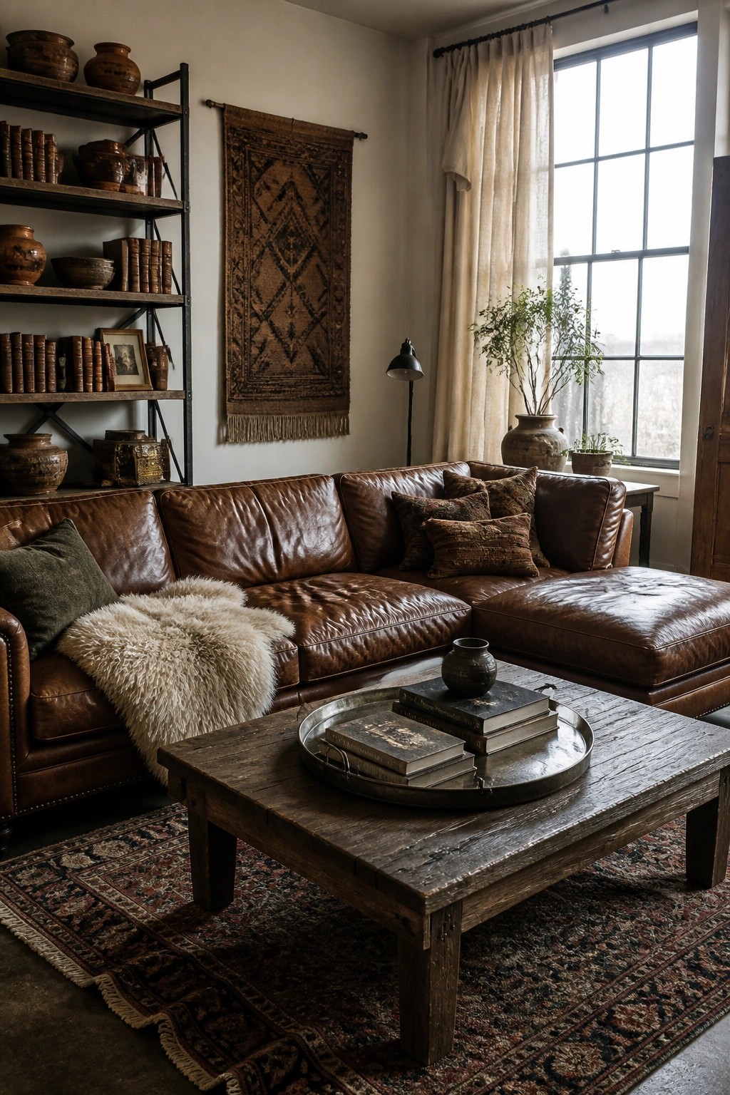 A living room with a large brown leather sectional sofa, a wooden coffee table holding books, and a patterned rug on the floor.