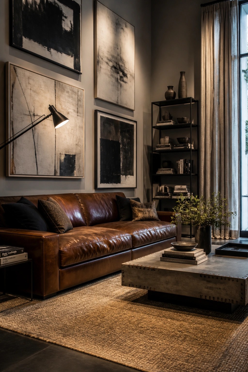 A living room featuring a brown leather sofa against a wall of abstract black and white paintings, with a concrete coffee table on a woven rug.